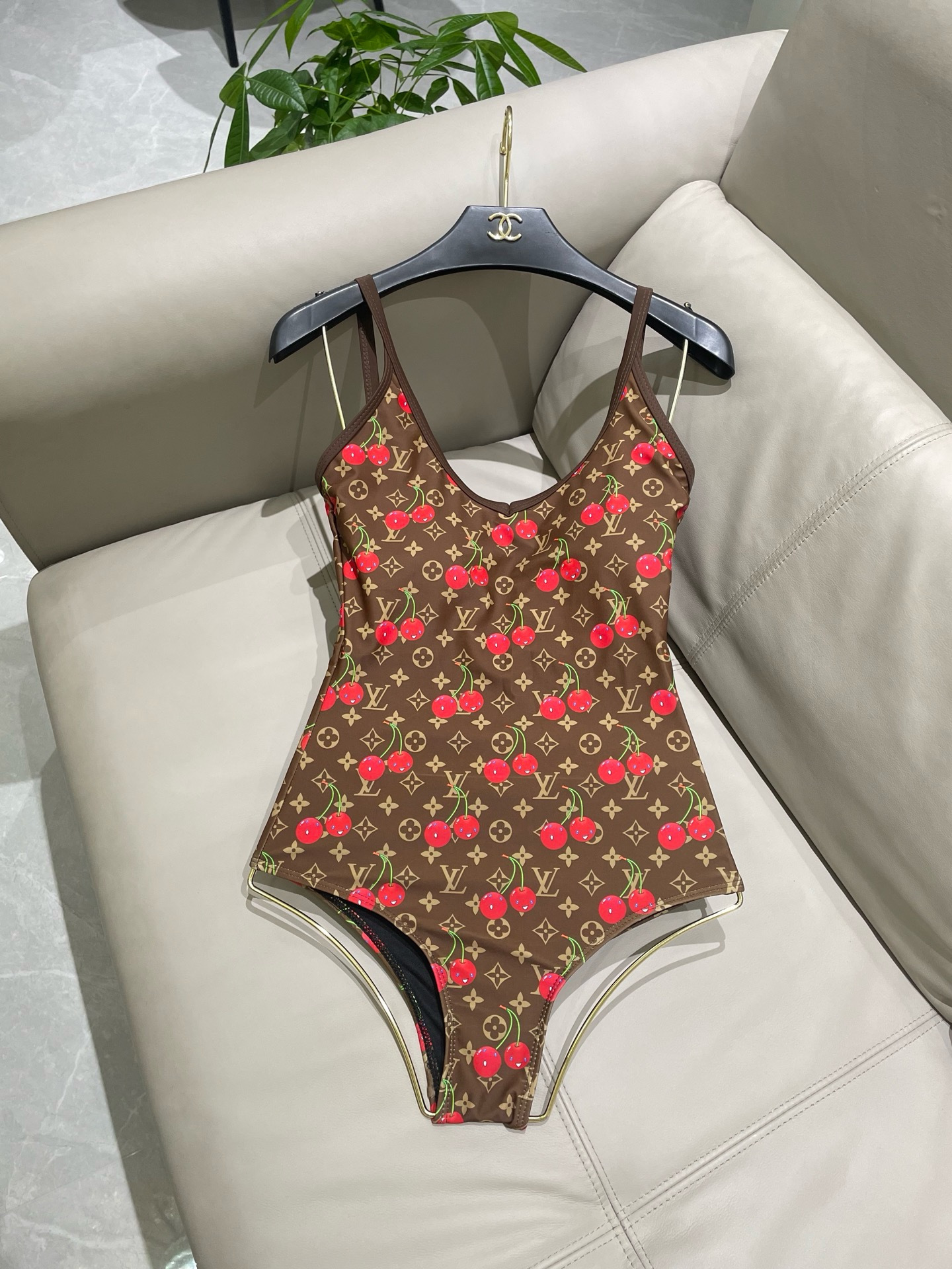 LV 原單 樱桃老花连体泳衣 棕色Monogram显瘦性感泳装