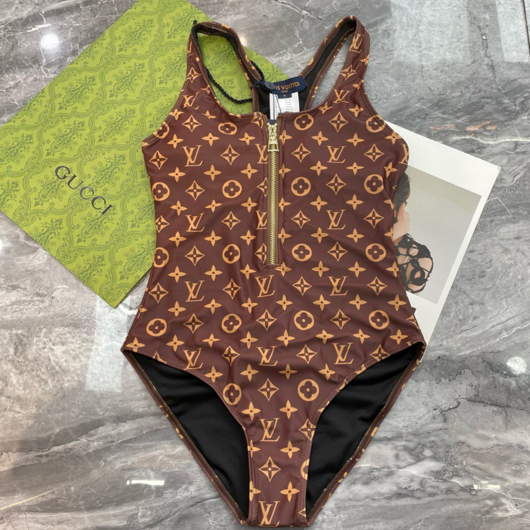 LV A貨 Monogram老花拉链连体泳衣 运动风显瘦泳装