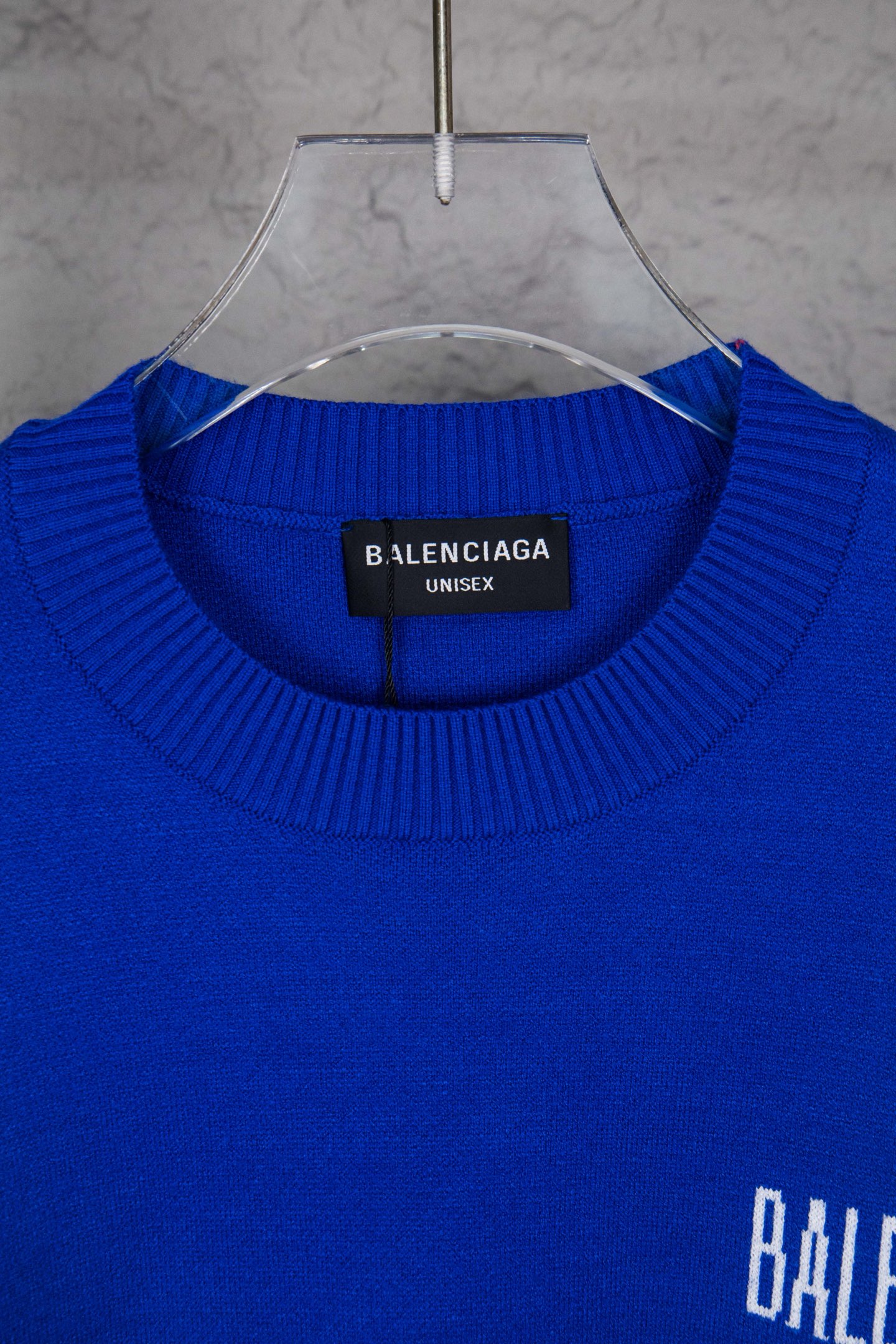 BALENCIAGA 復刻男女款藍色圓領針織衫 白色字母Logo潮流休閒毛衣| 13 BALENCIAGA 復刻男女款藍色圓領針織衫 白色字母Logo潮流休閒毛衣
