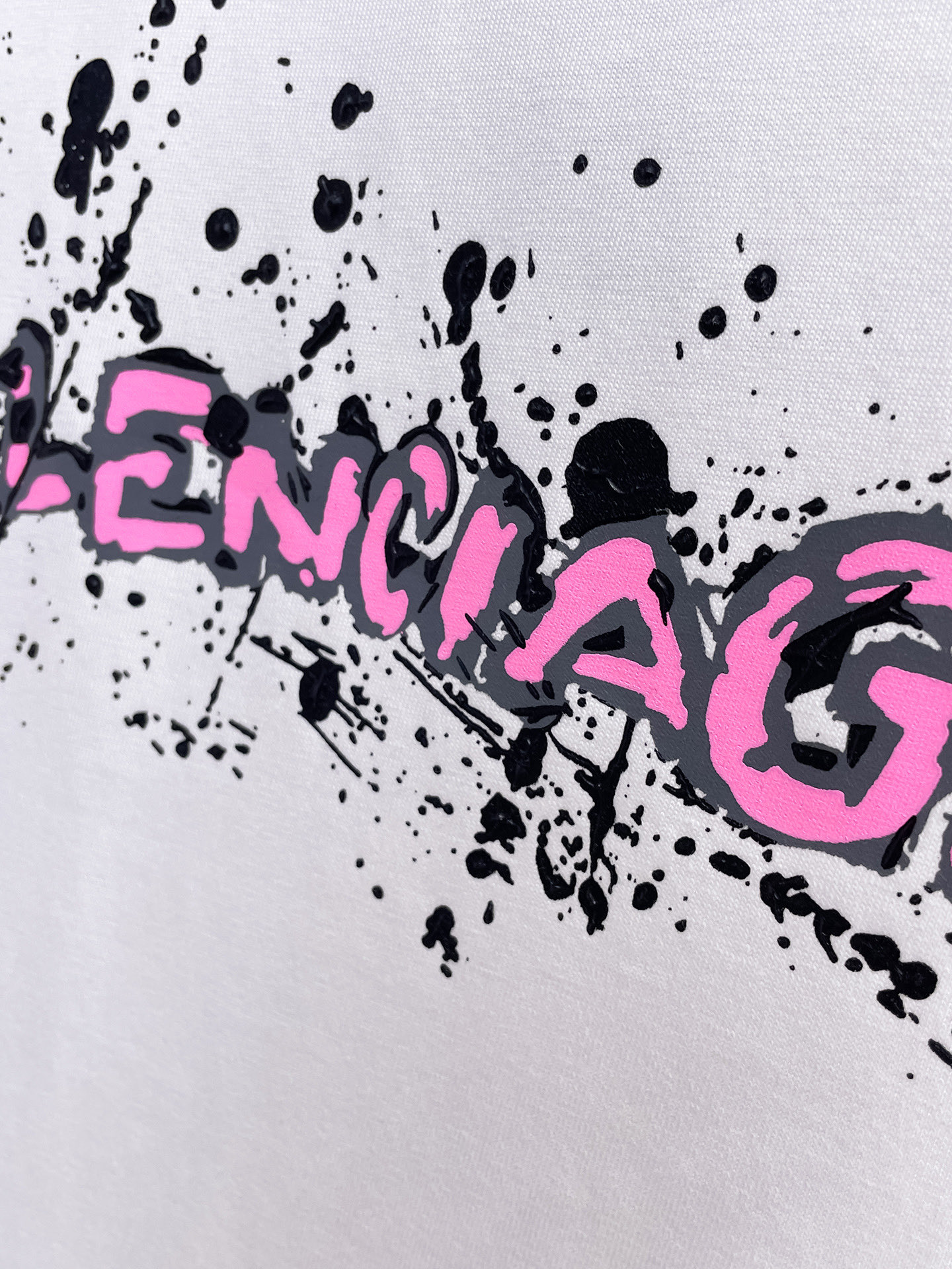 BALENCIAGA高仿男女款白色短袖T恤 粉紅塗鴉字母潑墨印花潮流上衣