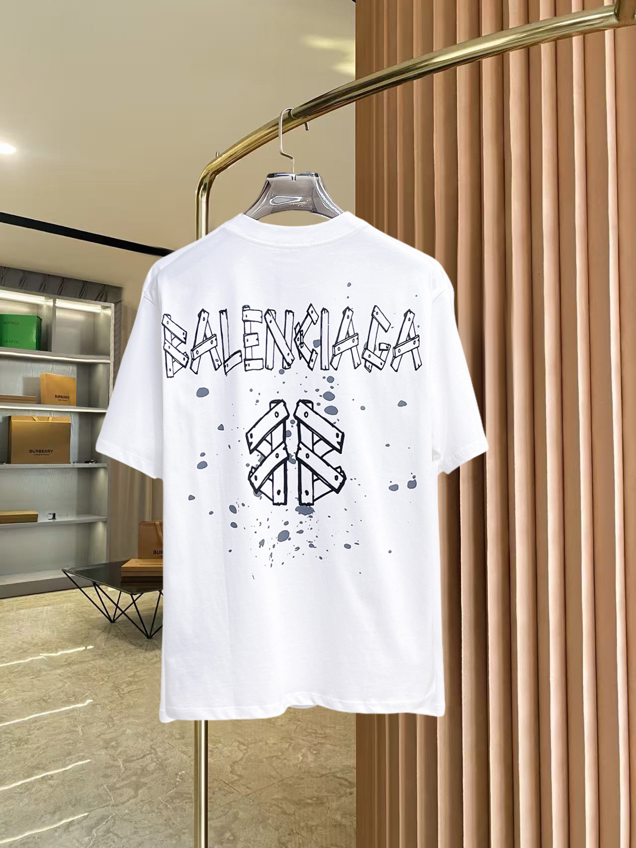 BALENCIAGA一比一男女款白色短袖T恤 幾何潑墨破洞做舊潮流上衣