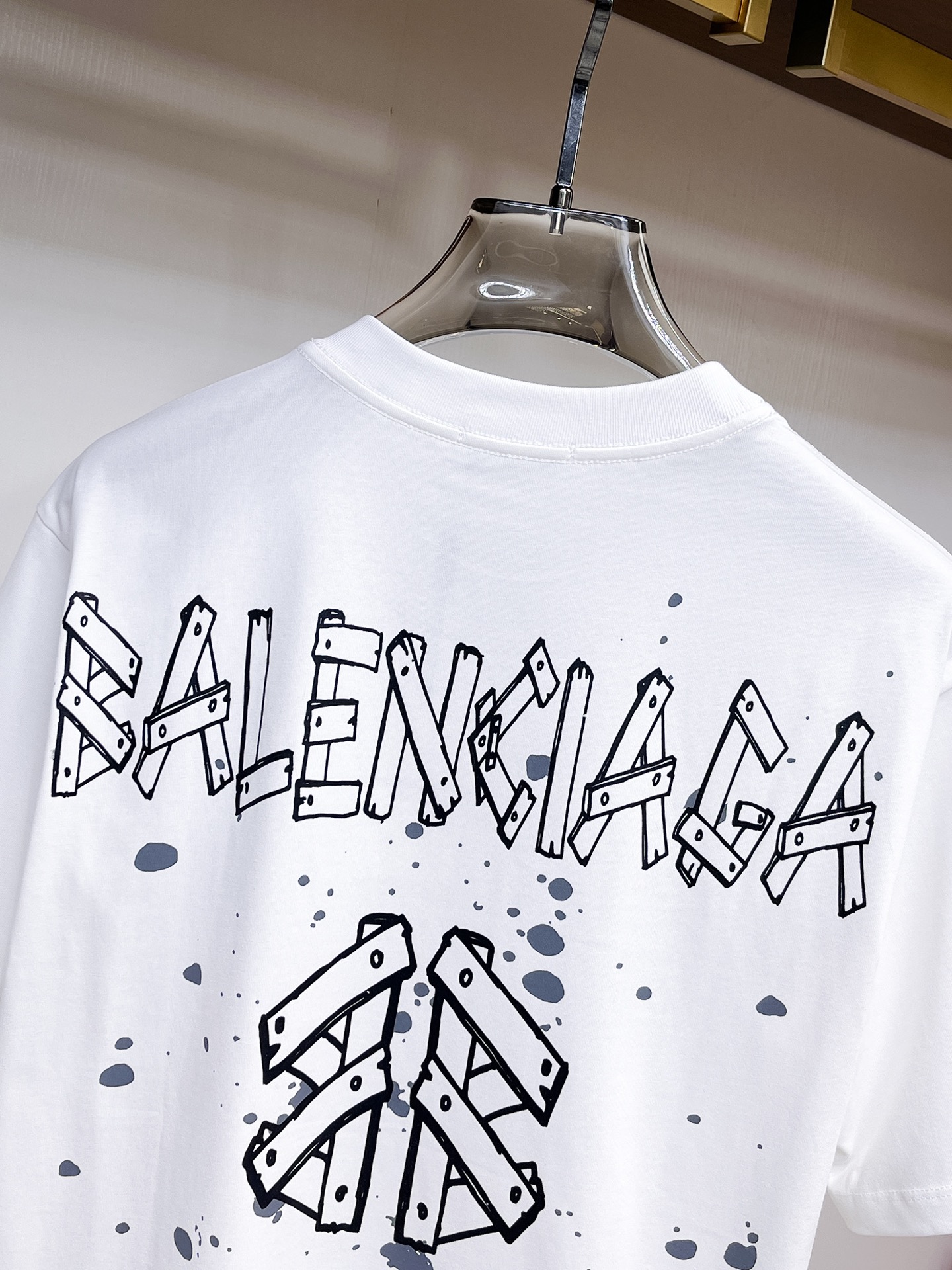 BALENCIAGA一比一男女款白色短袖T恤 幾何潑墨破洞做舊潮流上衣