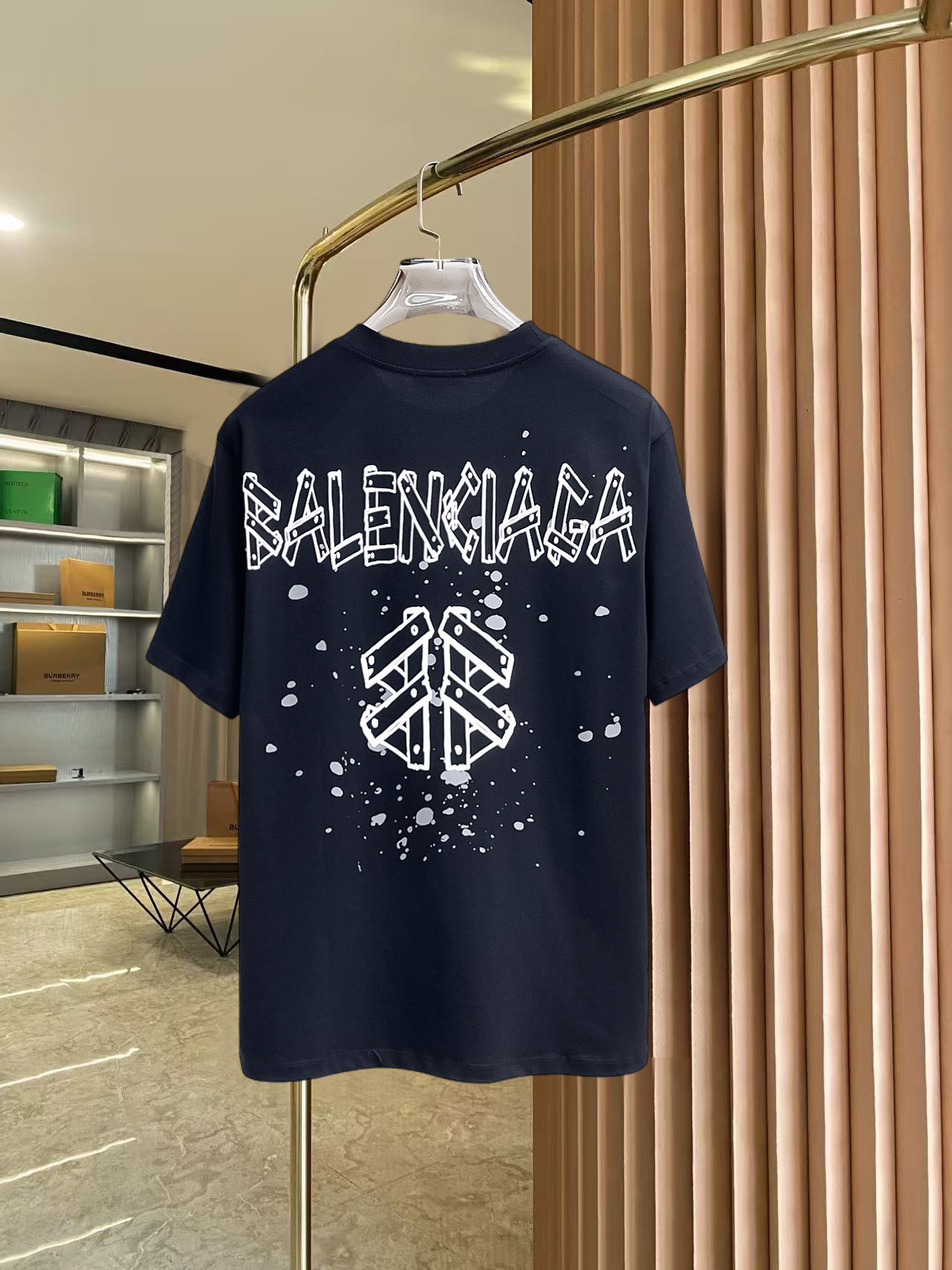 BALENCIAGA復刻男女款黑色短袖T恤 幾何潑墨破洞做舊寬鬆潮流上衣