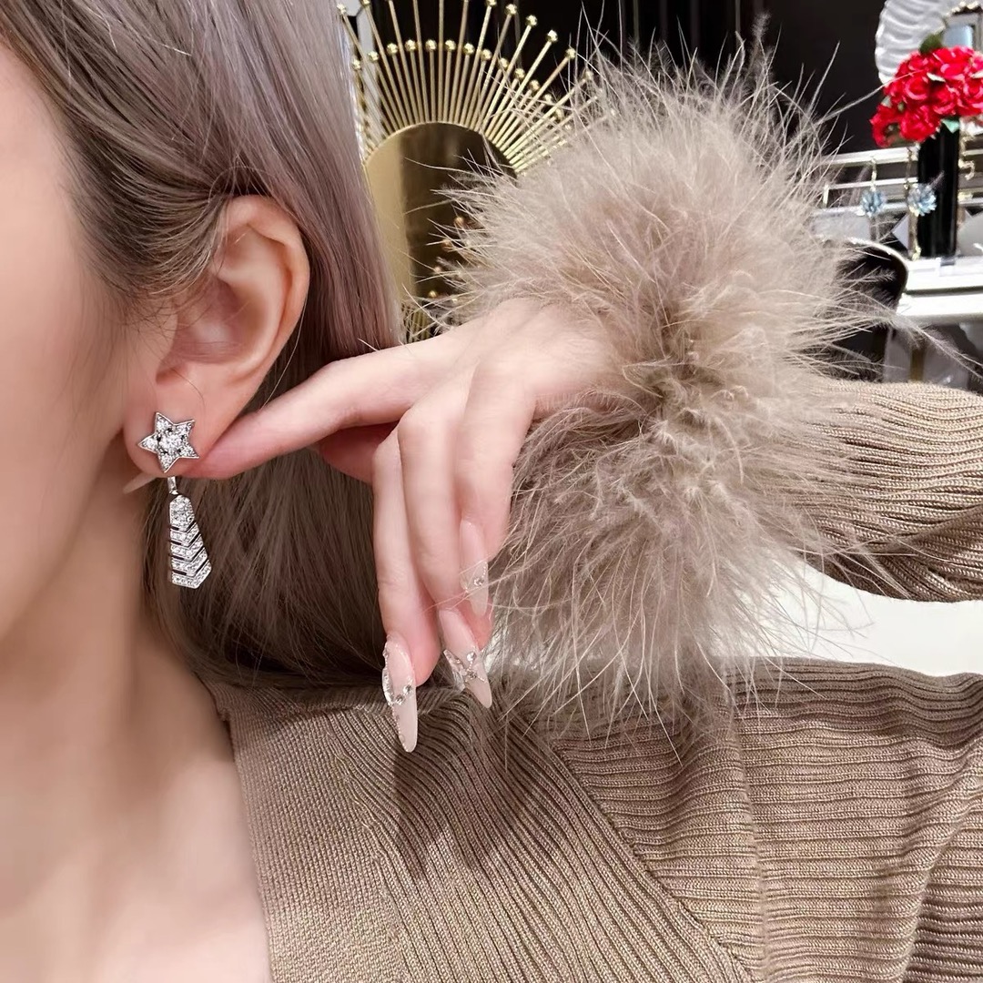 CHANEL原單女士星星流蘇鑲鑽耳環 銀色垂墜設計華麗氣質款| 13 CHANEL原單女士星星流蘇鑲鑽耳環 銀色垂墜設計華麗氣質款