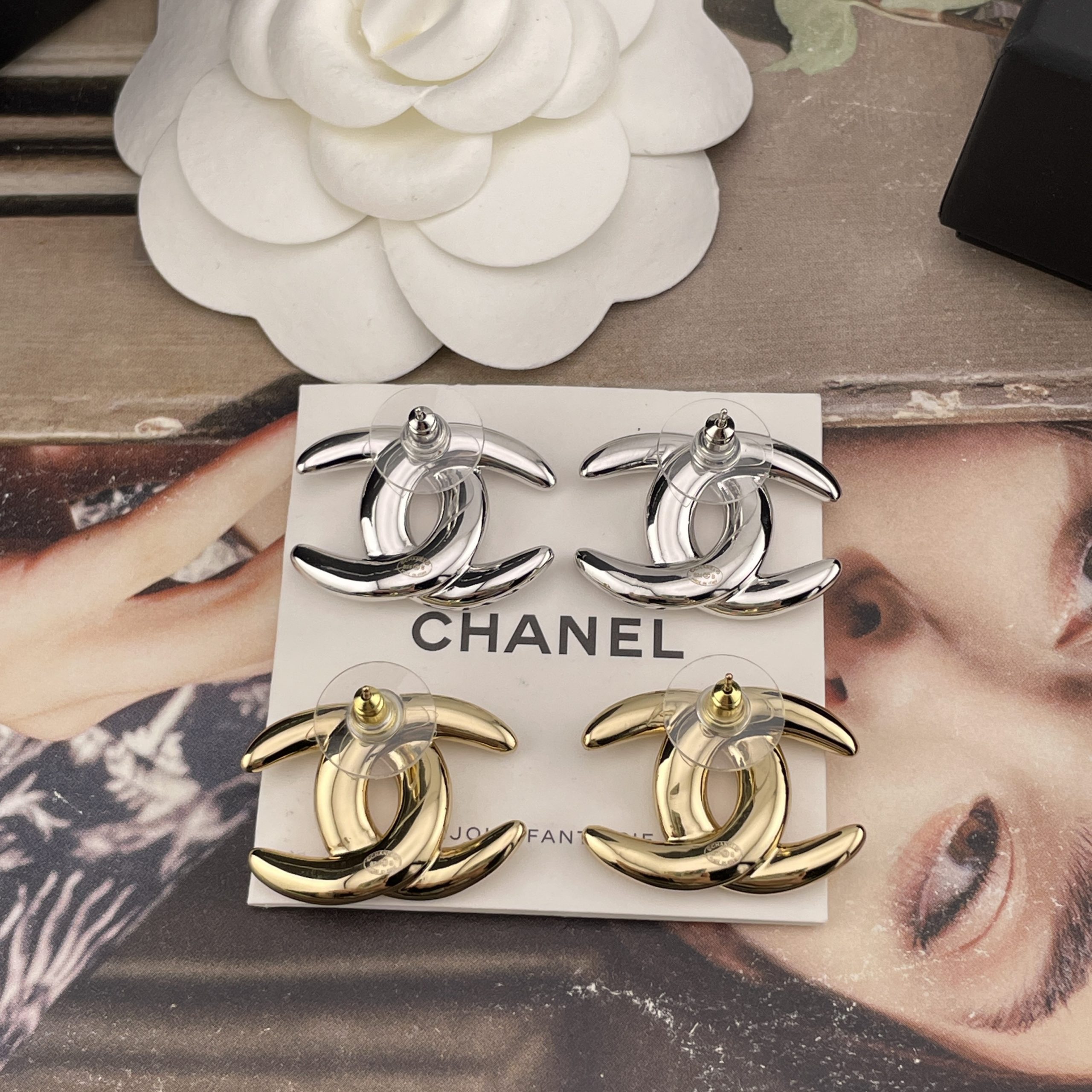 CHANEL原單女士立體雙C耳環 金銀雙色經典復古百搭耳飾