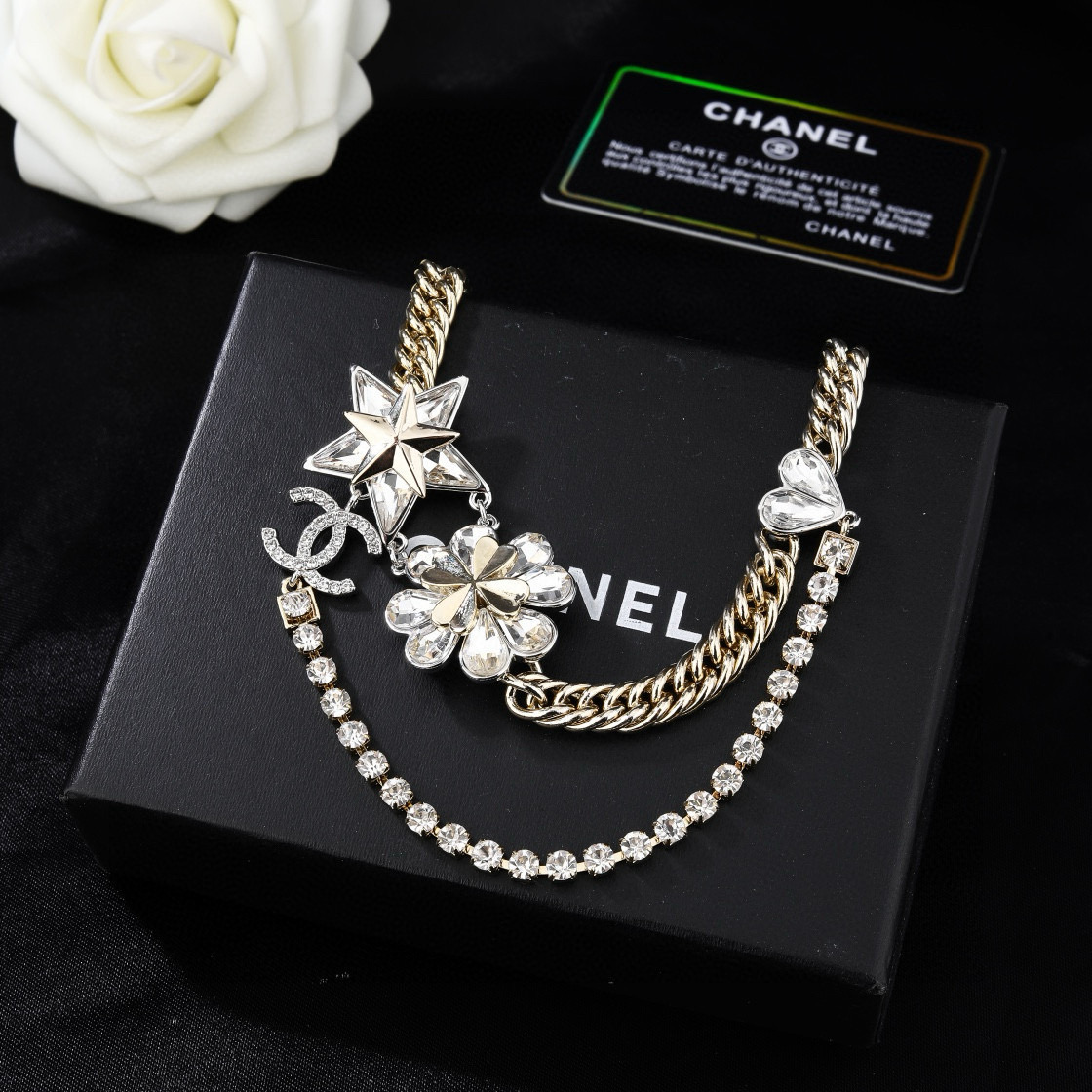CHANEL 高仿 水鑽花朵雙C項鍊 法式鎖骨鏈 女款精品飾品| 13 CHANEL 高仿 水鑽花朵雙C項鍊 法式鎖骨鏈 女款精品飾品