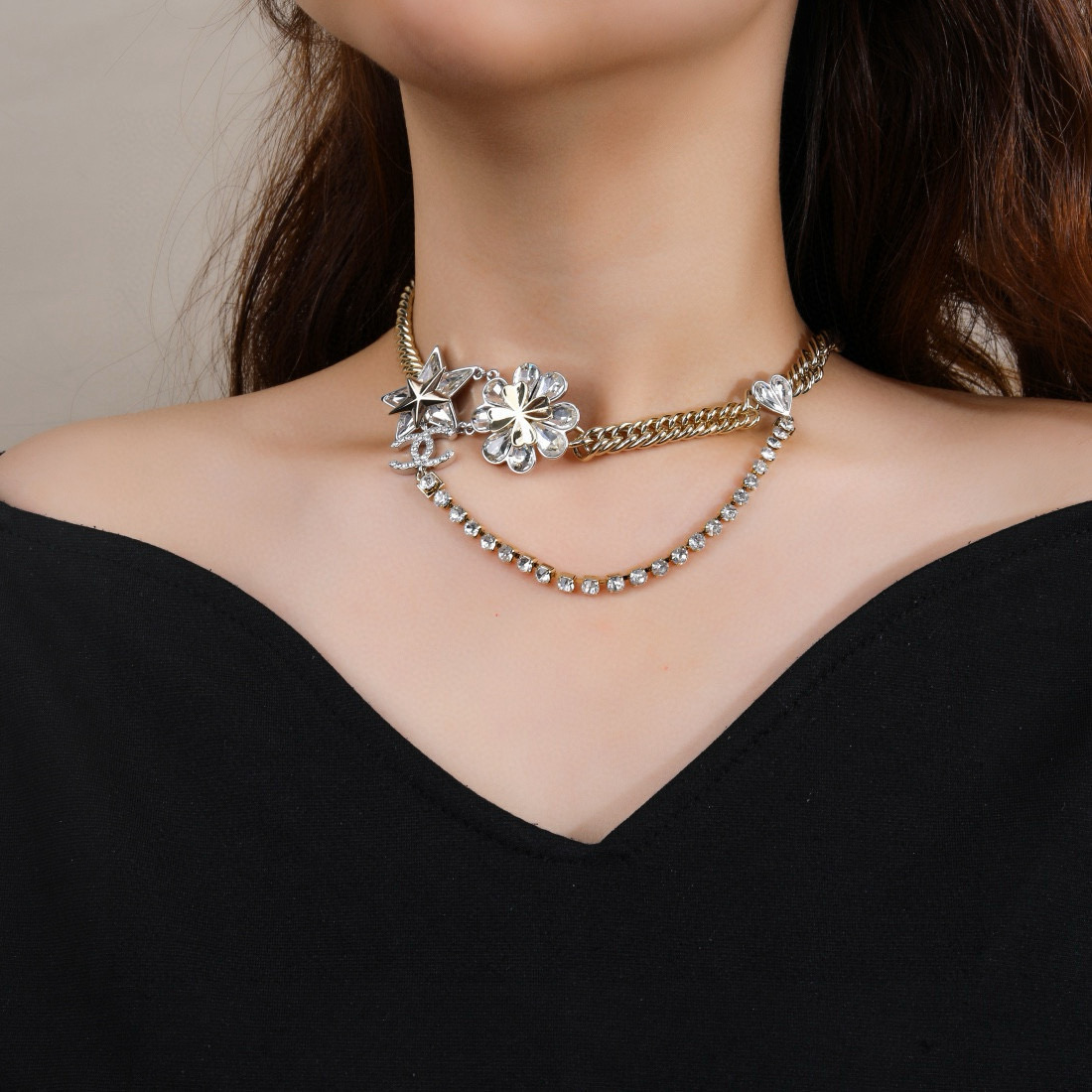 CHANEL 高仿 水鑽花朵雙C項鍊 法式鎖骨鏈 女款精品飾品| 10 CHANEL 高仿 水鑽花朵雙C項鍊 法式鎖骨鏈 女款精品飾品