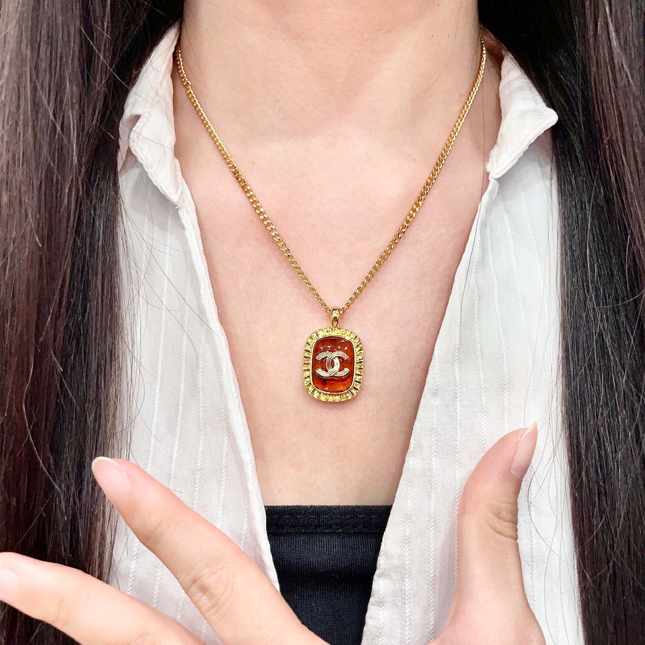 CHANEL A貨 香奈兒 琥珀色雙C項鍊 復古琺瑯吊墜 精品項鍊