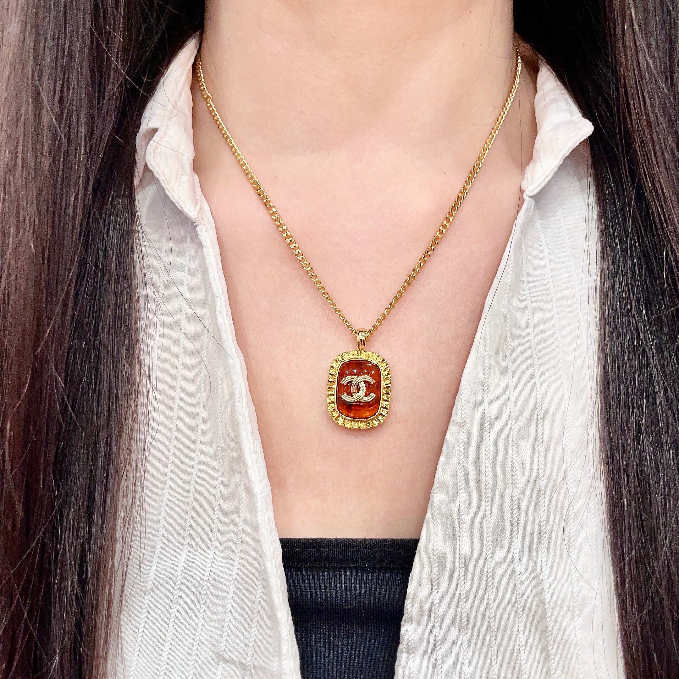CHANEL A貨 香奈兒 琥珀色雙C項鍊 復古琺瑯吊墜 精品項鍊