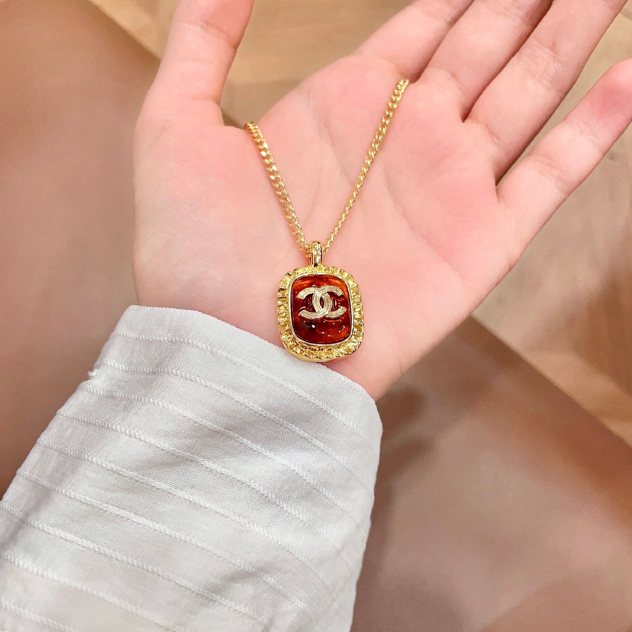 CHANEL A貨 香奈兒 琥珀色雙C項鍊 復古琺瑯吊墜 精品項鍊