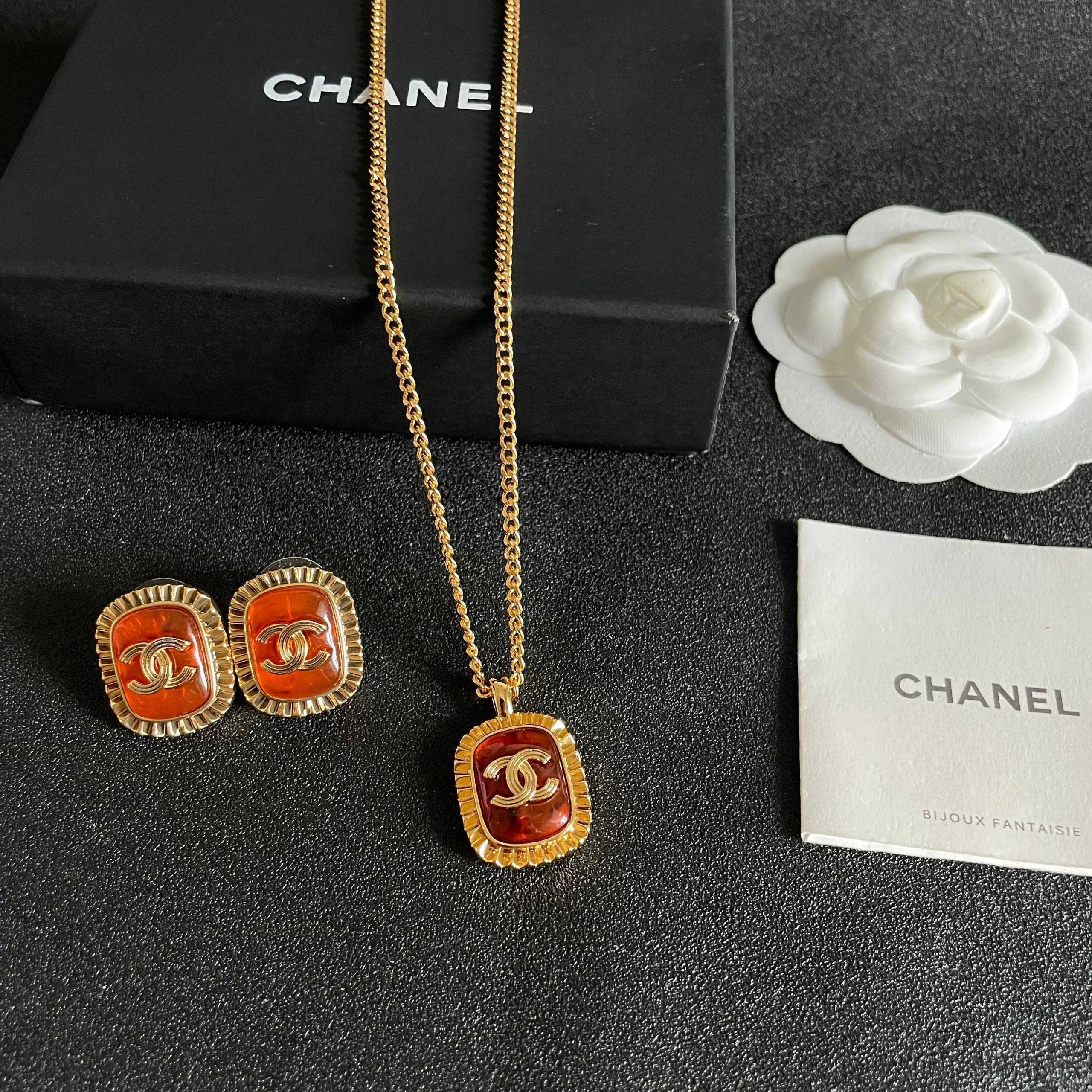 CHANEL A貨 香奈兒 琥珀色雙C項鍊 復古琺瑯吊墜 精品項鍊