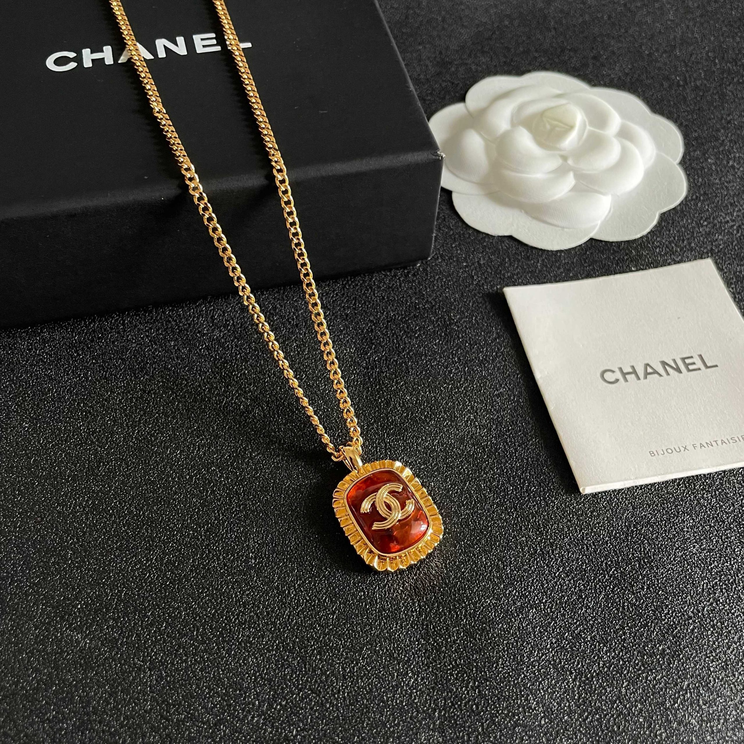 CHANEL A貨 香奈兒 琥珀色雙C項鍊 復古琺瑯吊墜 精品項鍊