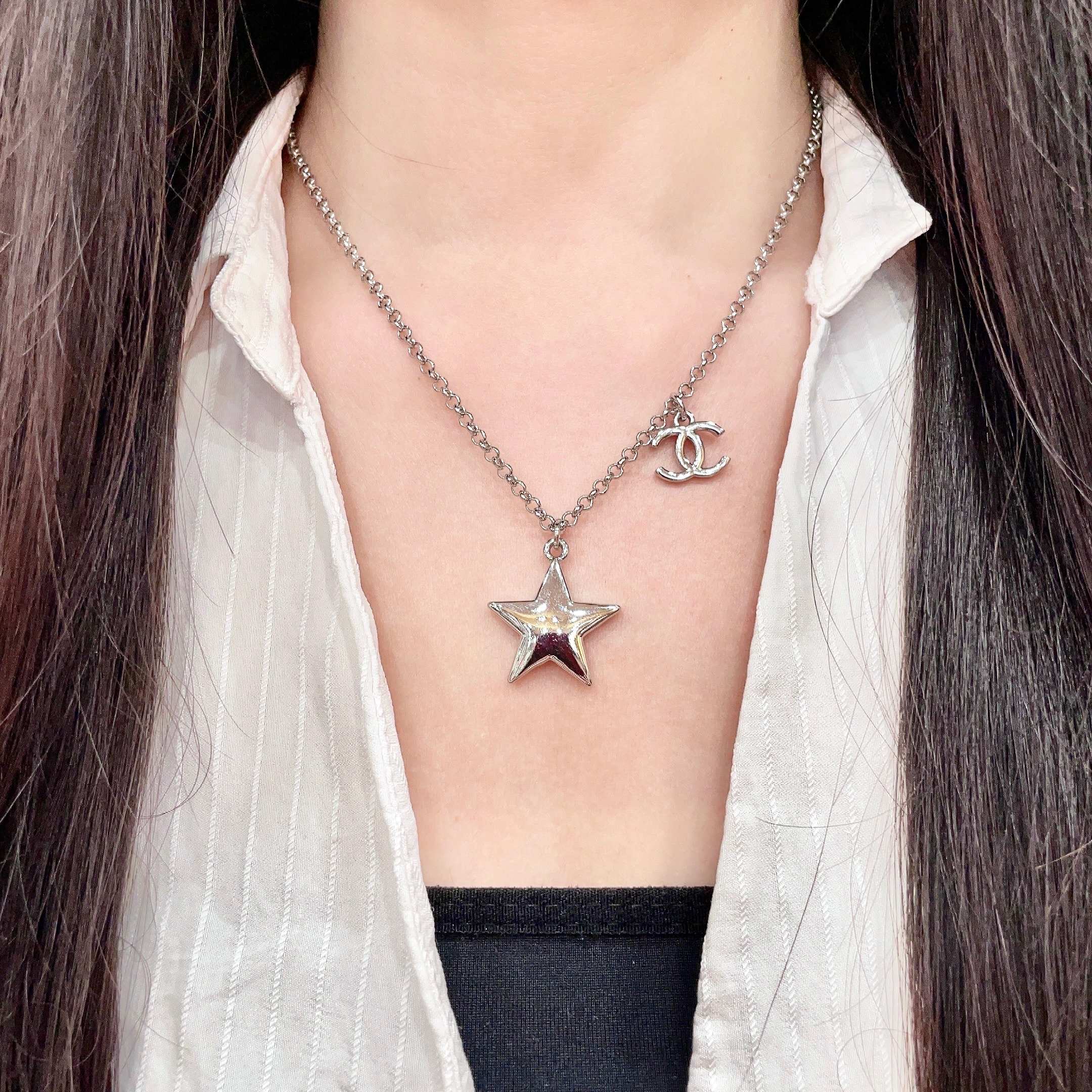 CHANEL高仿女士星星雙C吊墜項鍊 復古銀色百搭精品飾品| 13 CHANEL高仿女士星星雙C吊墜項鍊 復古銀色百搭精品飾品