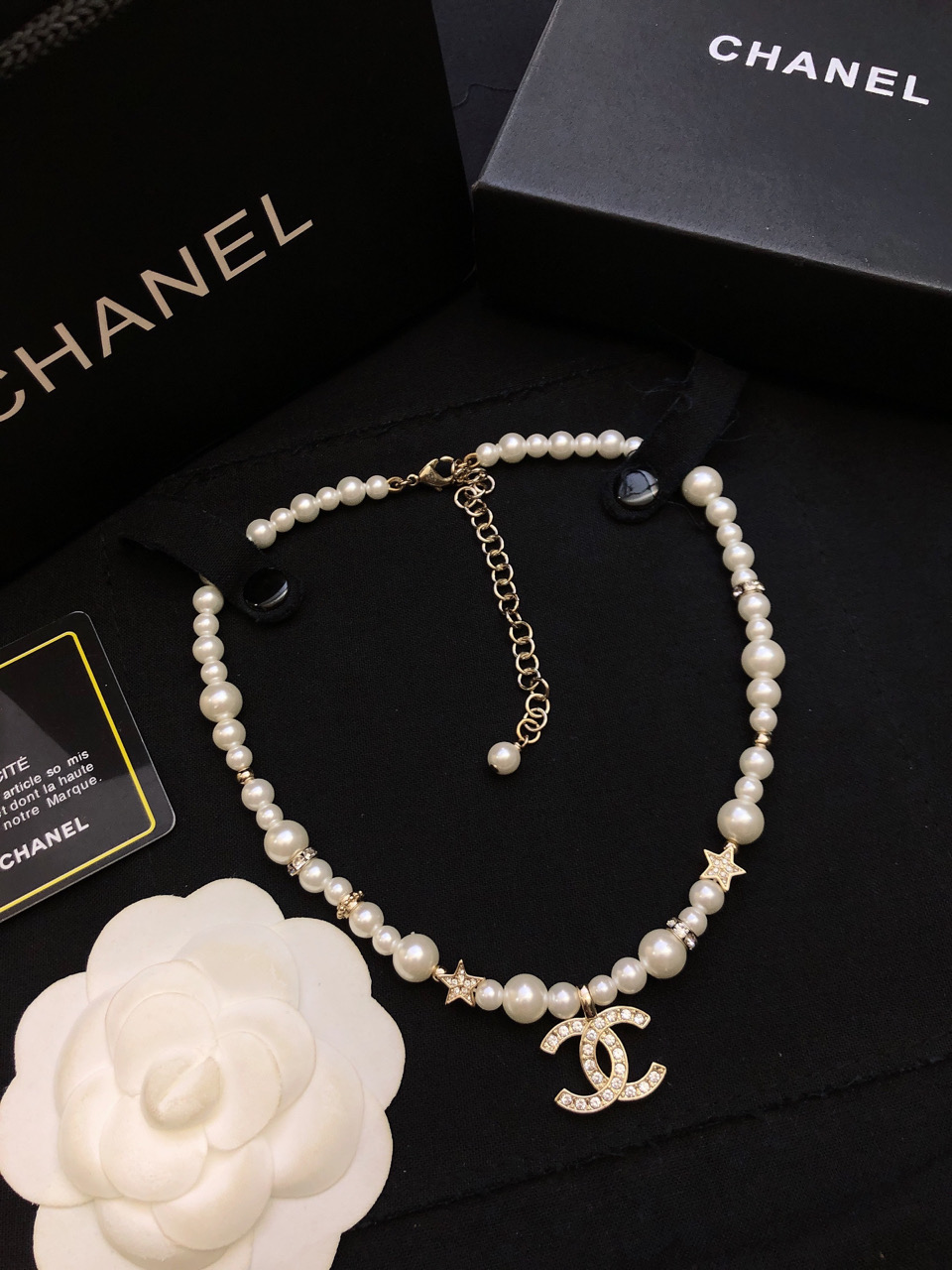 CHANEL高仿女士珍珠雙C項鍊 星星鑲鑽吊墜復古優雅鎖骨鏈