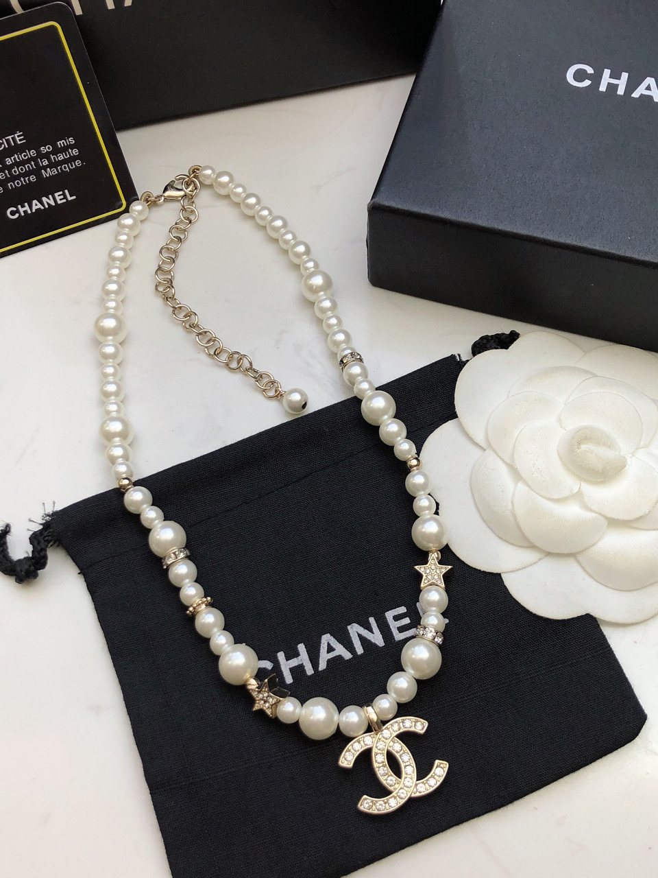 CHANEL高仿女士珍珠雙C項鍊 星星鑲鑽吊墜復古優雅鎖骨鏈