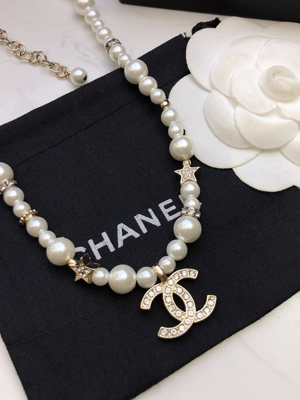 CHANEL高仿女士珍珠雙C項鍊 星星鑲鑽吊墜復古優雅鎖骨鏈