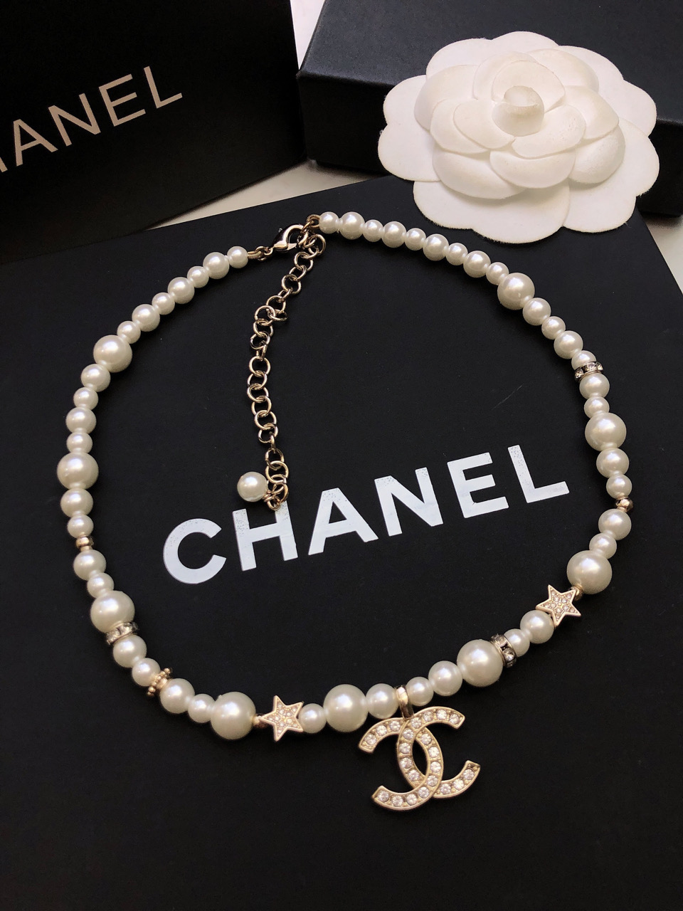 CHANEL高仿女士珍珠雙C項鍊 星星鑲鑽吊墜復古優雅鎖骨鏈