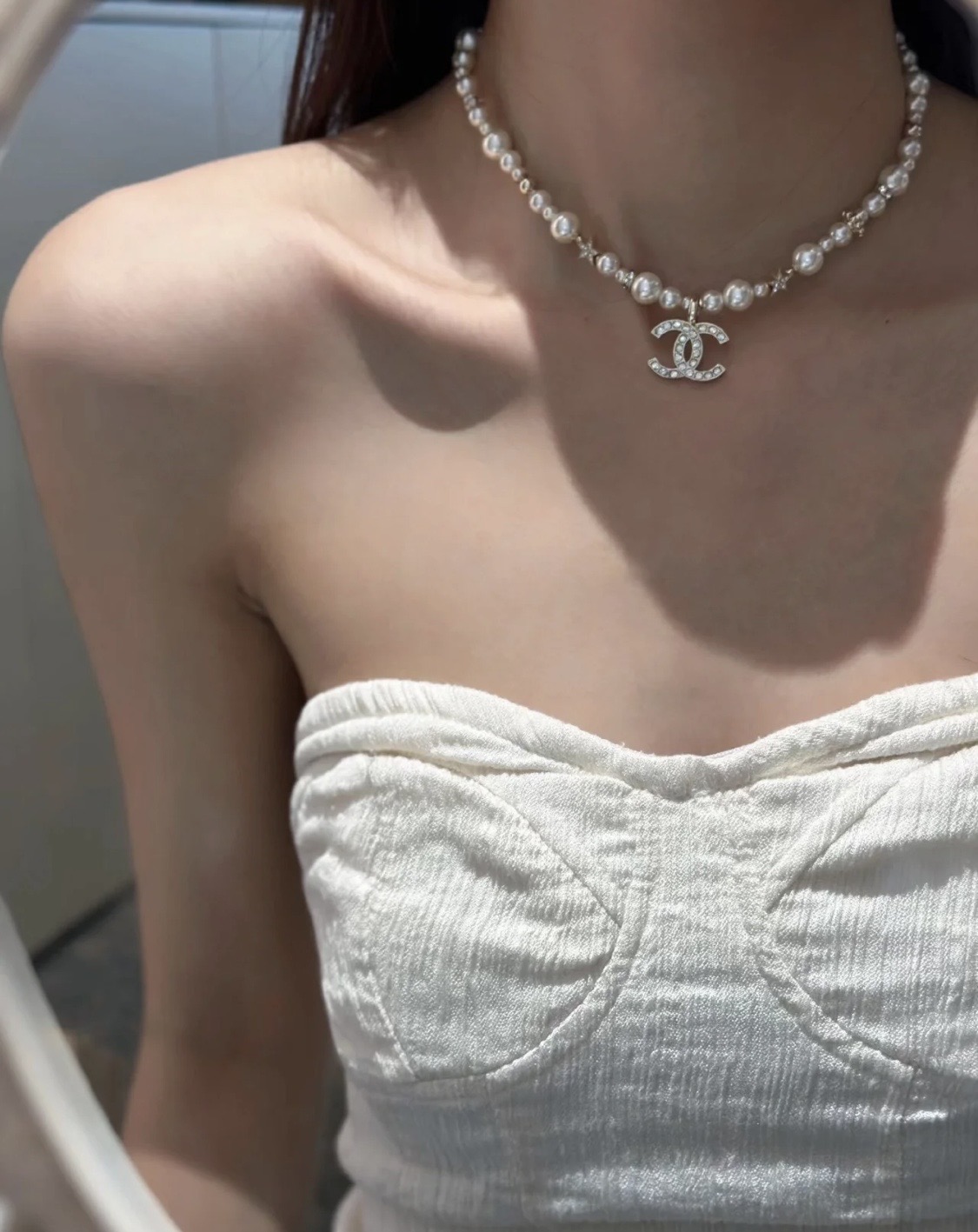CHANEL高仿女士珍珠雙C項鍊 星星鑲鑽吊墜復古優雅鎖骨鏈