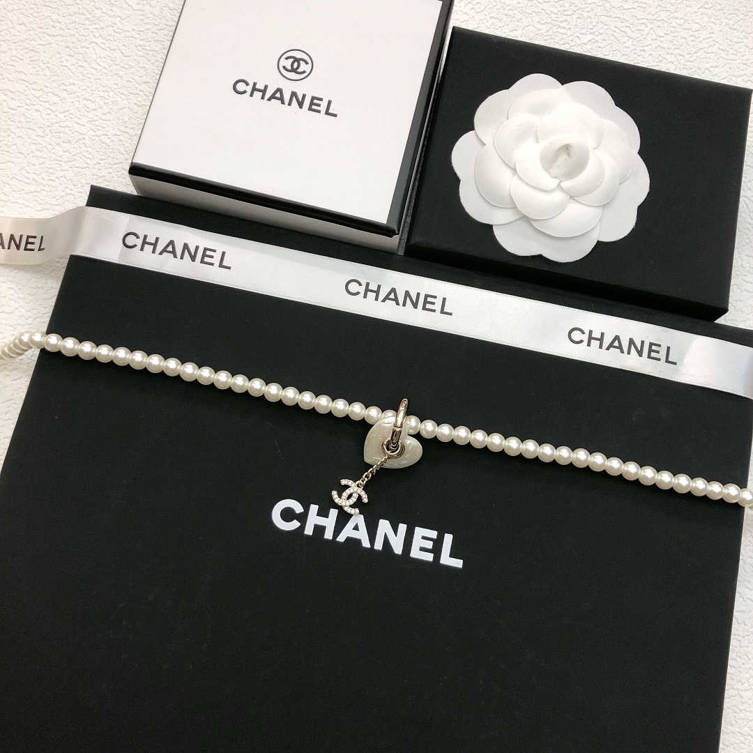 CHANEL原單女士珍珠愛心項鍊 雙C鑲鑽吊墜甜美復古鎖骨鏈