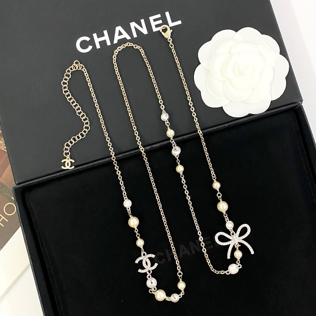 CHANEL高仿女士蝴蝶結雙C長項鍊 珍珠鑲鑽金色優雅百搭毛衣鏈