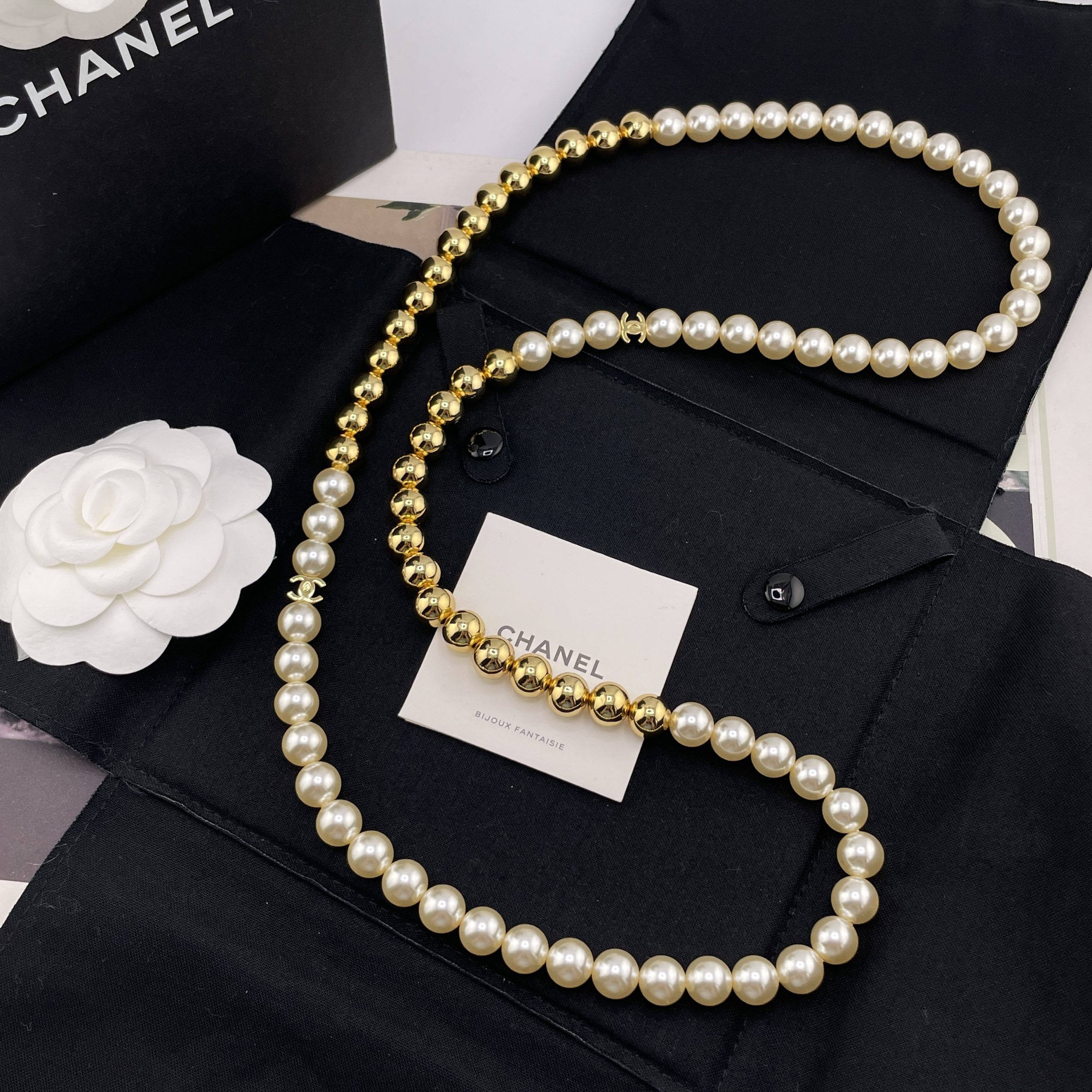 CHANEL一比一女士珍珠長項鍊 金色圓珠拼接雙C復古百搭毛衣鏈| 14 CHANEL一比一女士珍珠長項鍊 金色圓珠拼接雙C復古百搭毛衣鏈