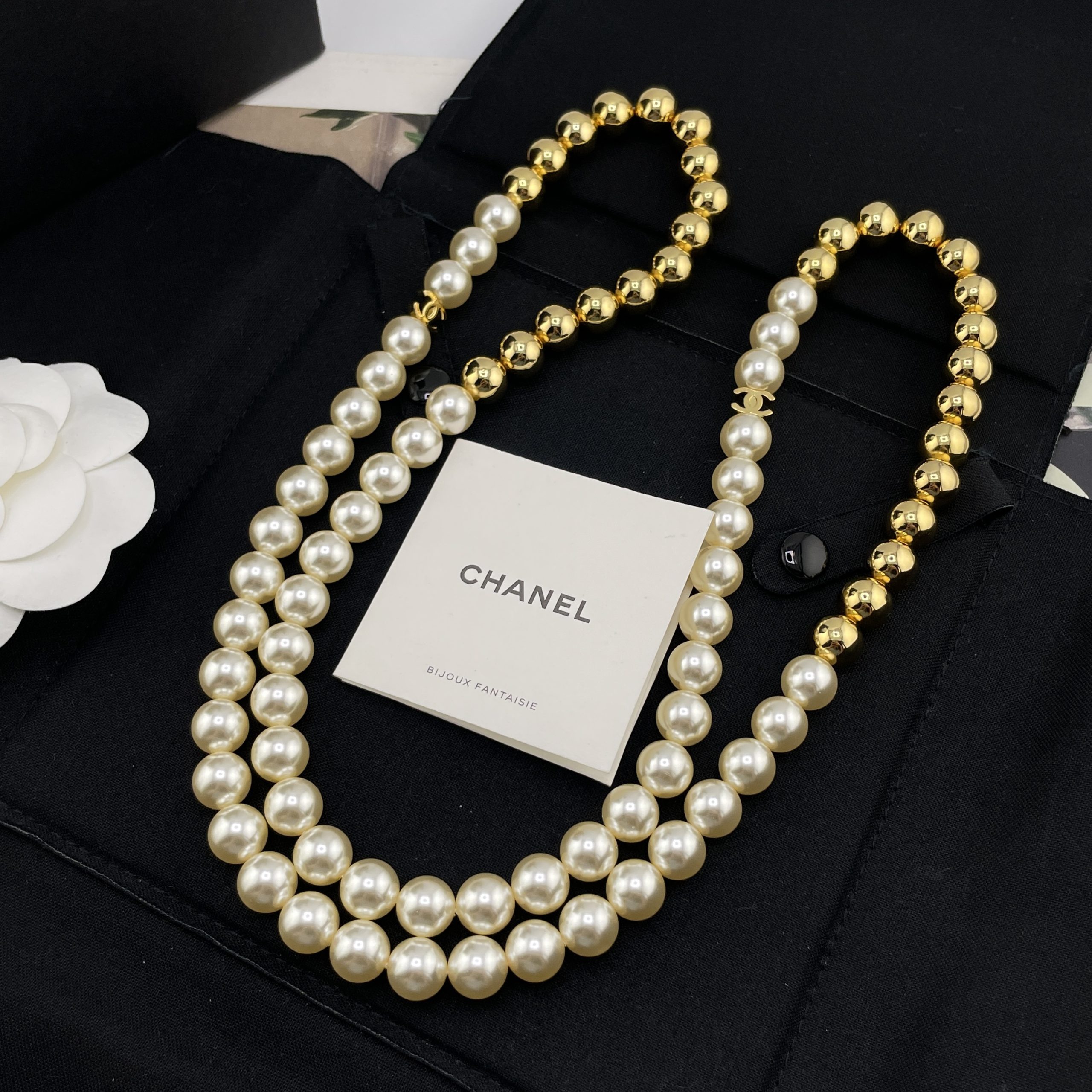 CHANEL一比一女士珍珠長項鍊 金色圓珠拼接雙C復古百搭毛衣鏈| 13 CHANEL一比一女士珍珠長項鍊 金色圓珠拼接雙C復古百搭毛衣鏈