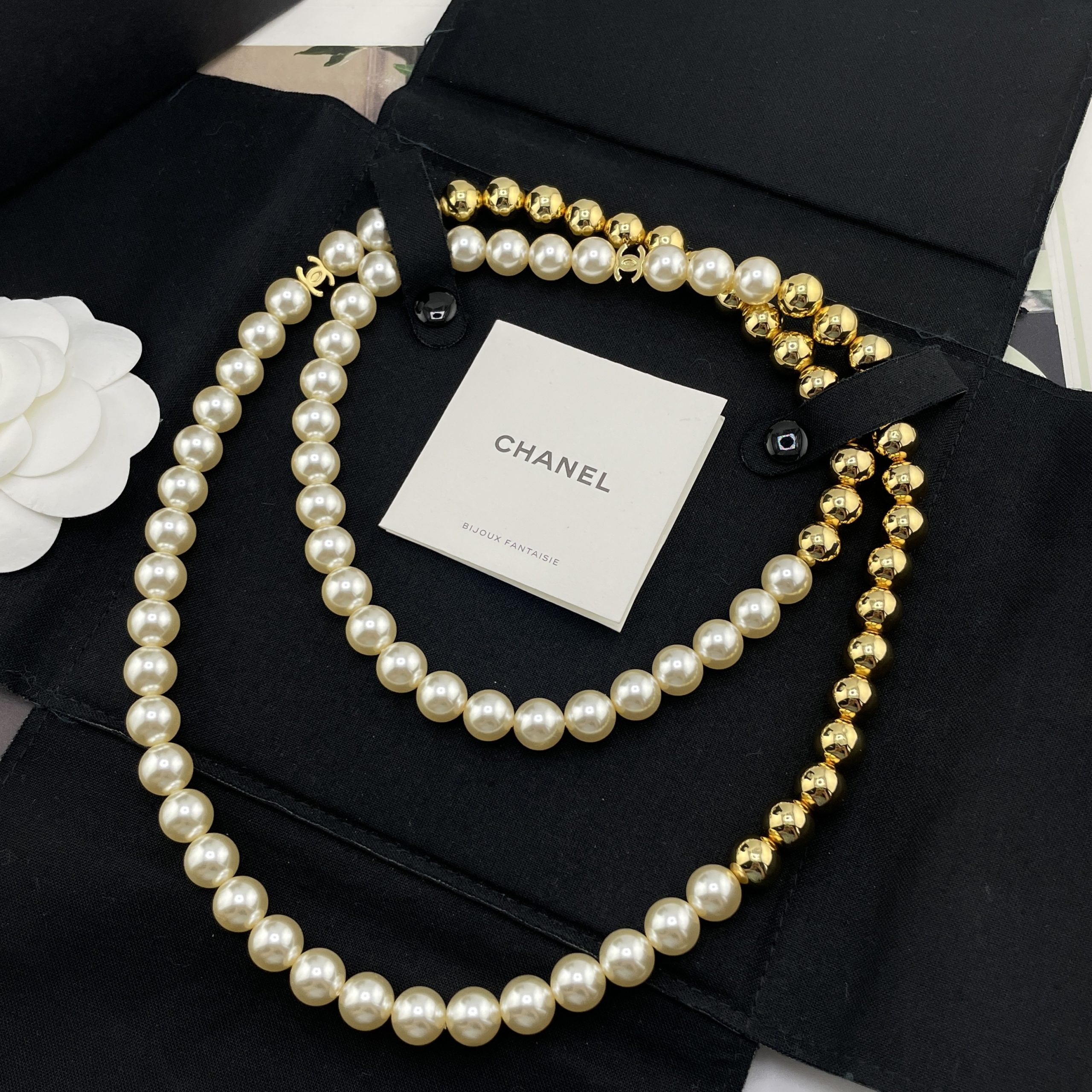 CHANEL一比一女士珍珠長項鍊 金色圓珠拼接雙C復古百搭毛衣鏈| 12 CHANEL一比一女士珍珠長項鍊 金色圓珠拼接雙C復古百搭毛衣鏈