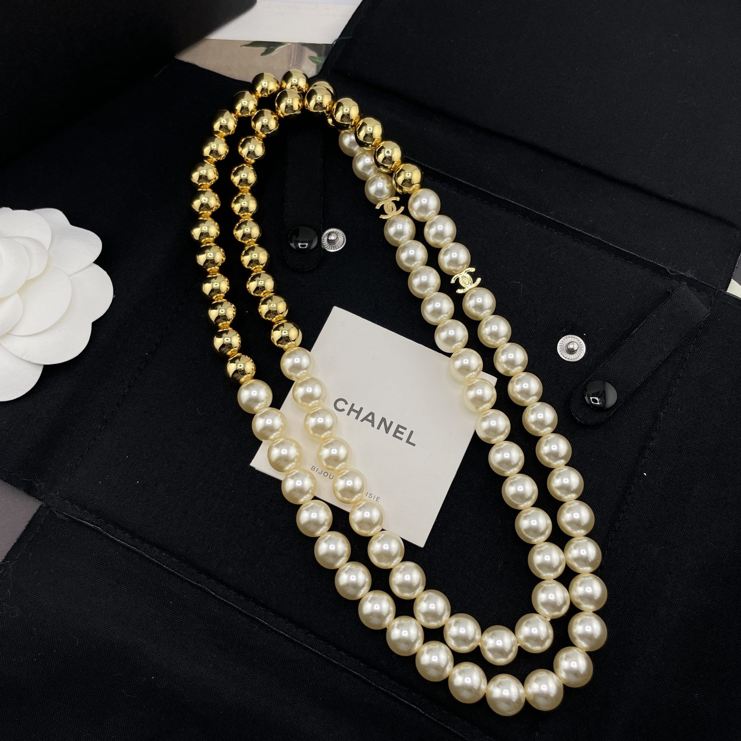 CHANEL一比一女士珍珠長項鍊 金色圓珠拼接雙C復古百搭毛衣鏈| 11 CHANEL一比一女士珍珠長項鍊 金色圓珠拼接雙C復古百搭毛衣鏈