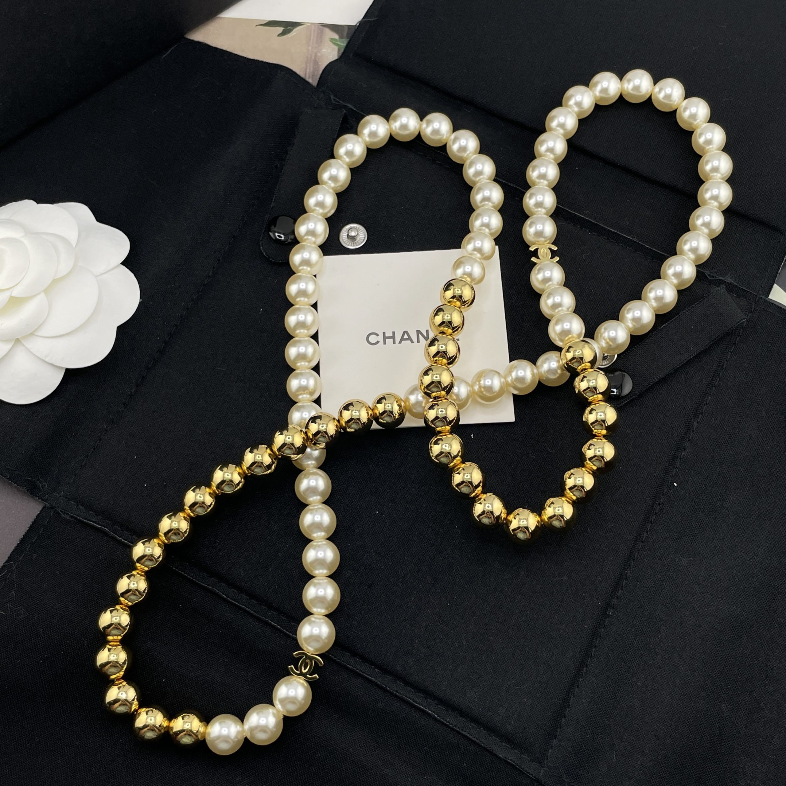 CHANEL一比一女士珍珠長項鍊 金色圓珠拼接雙C復古百搭毛衣鏈| 10 CHANEL一比一女士珍珠長項鍊 金色圓珠拼接雙C復古百搭毛衣鏈