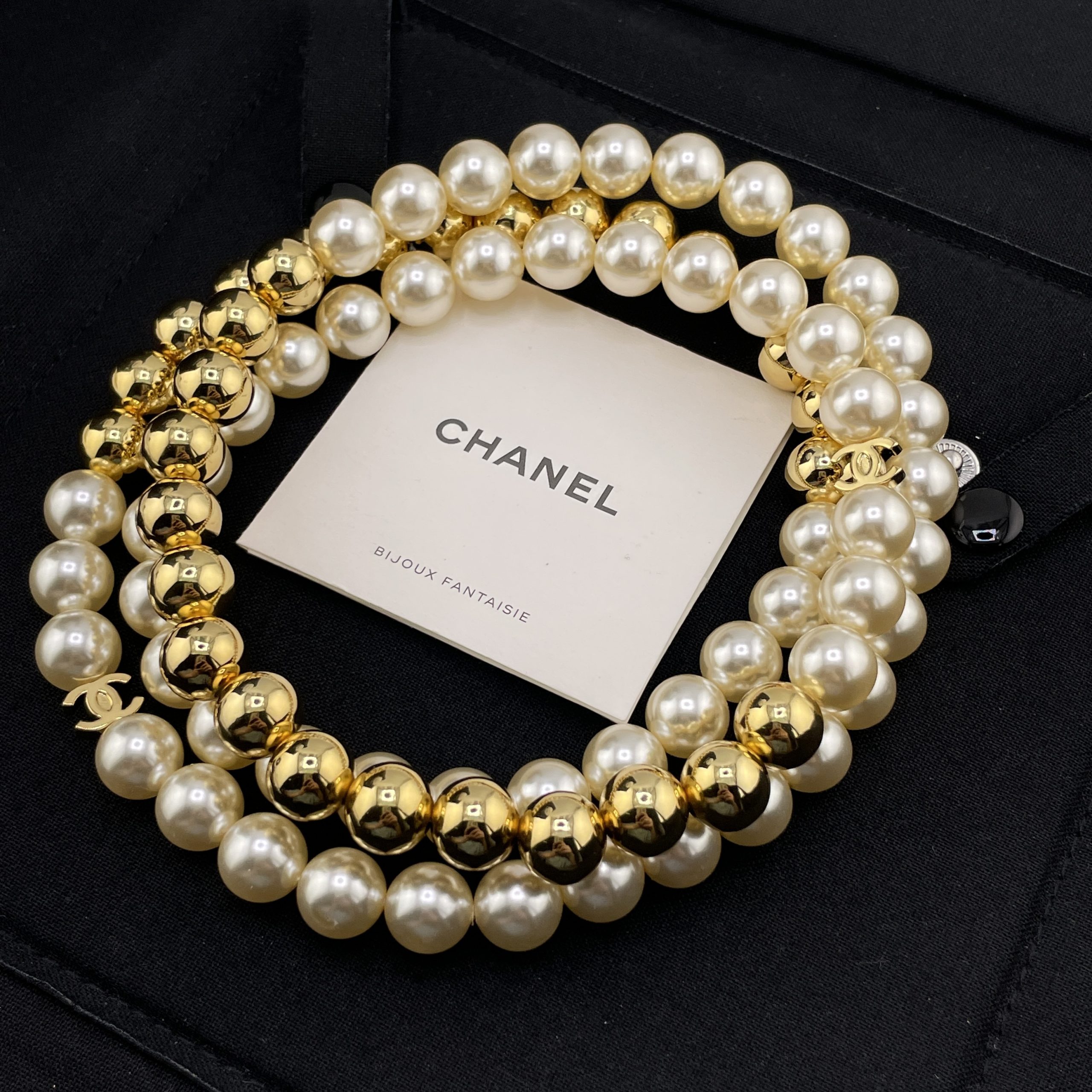 CHANEL一比一女士珍珠長項鍊 金色圓珠拼接雙C復古百搭毛衣鏈| 9 CHANEL一比一女士珍珠長項鍊 金色圓珠拼接雙C復古百搭毛衣鏈