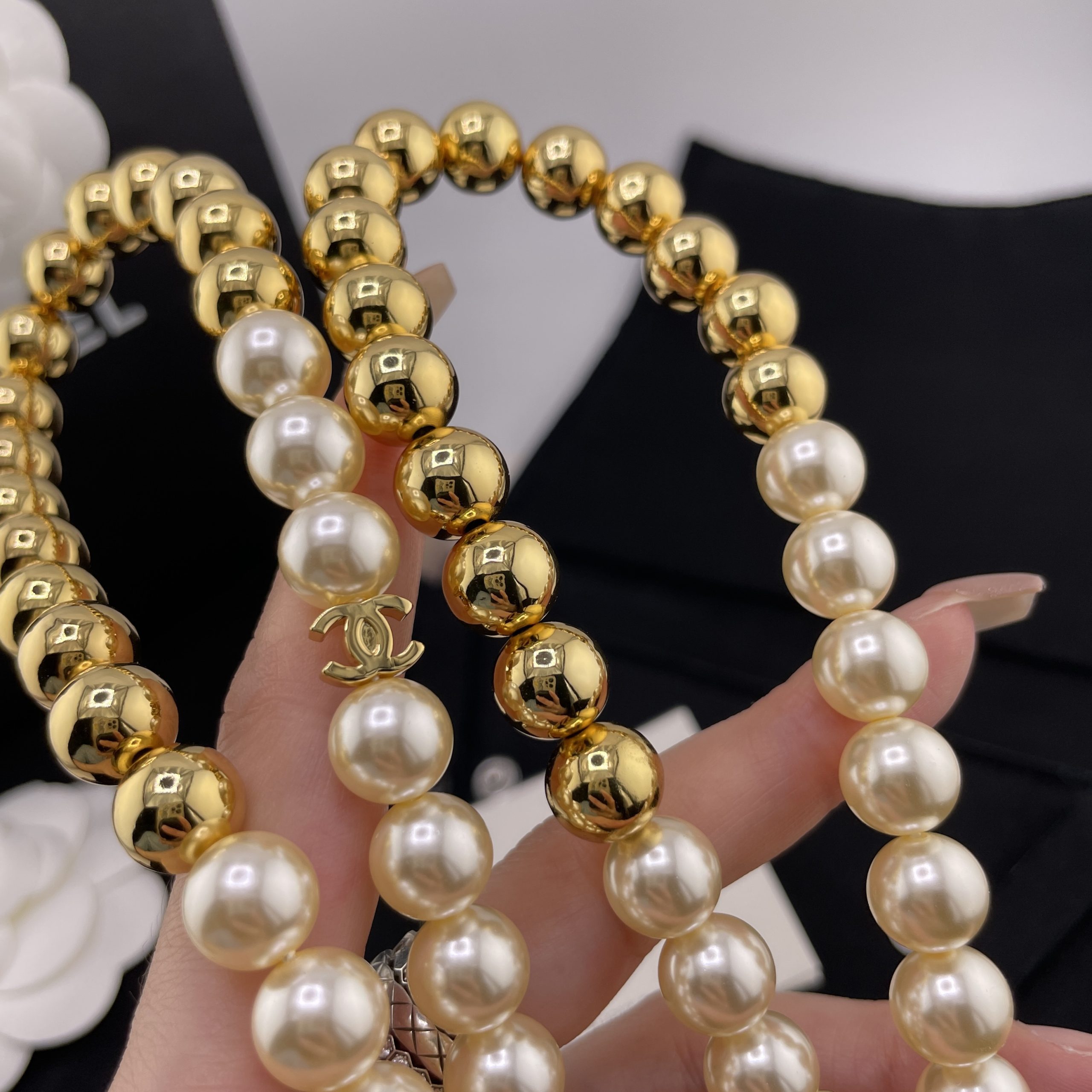 CHANEL一比一女士珍珠長項鍊 金色圓珠拼接雙C復古百搭毛衣鏈| 7 CHANEL一比一女士珍珠長項鍊 金色圓珠拼接雙C復古百搭毛衣鏈