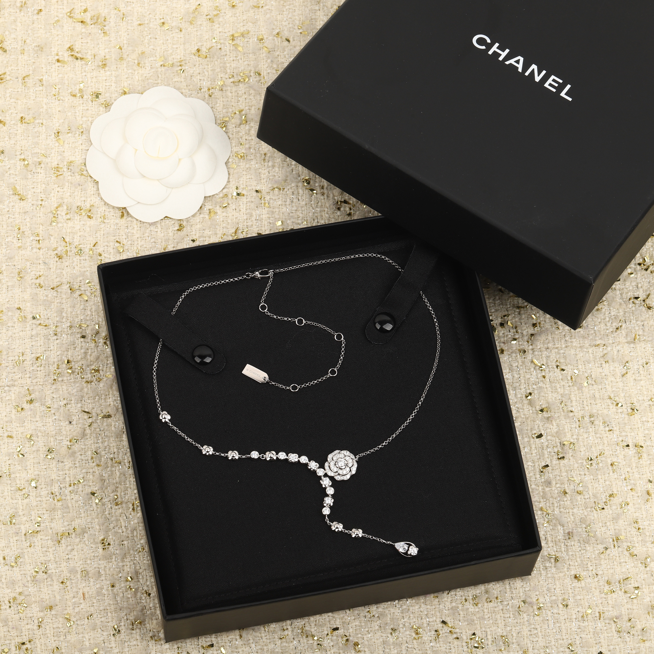 CHANEL原單女士山茶花鑽石項鍊 銀色流蘇Y字鏈優雅氣質鎖骨鏈