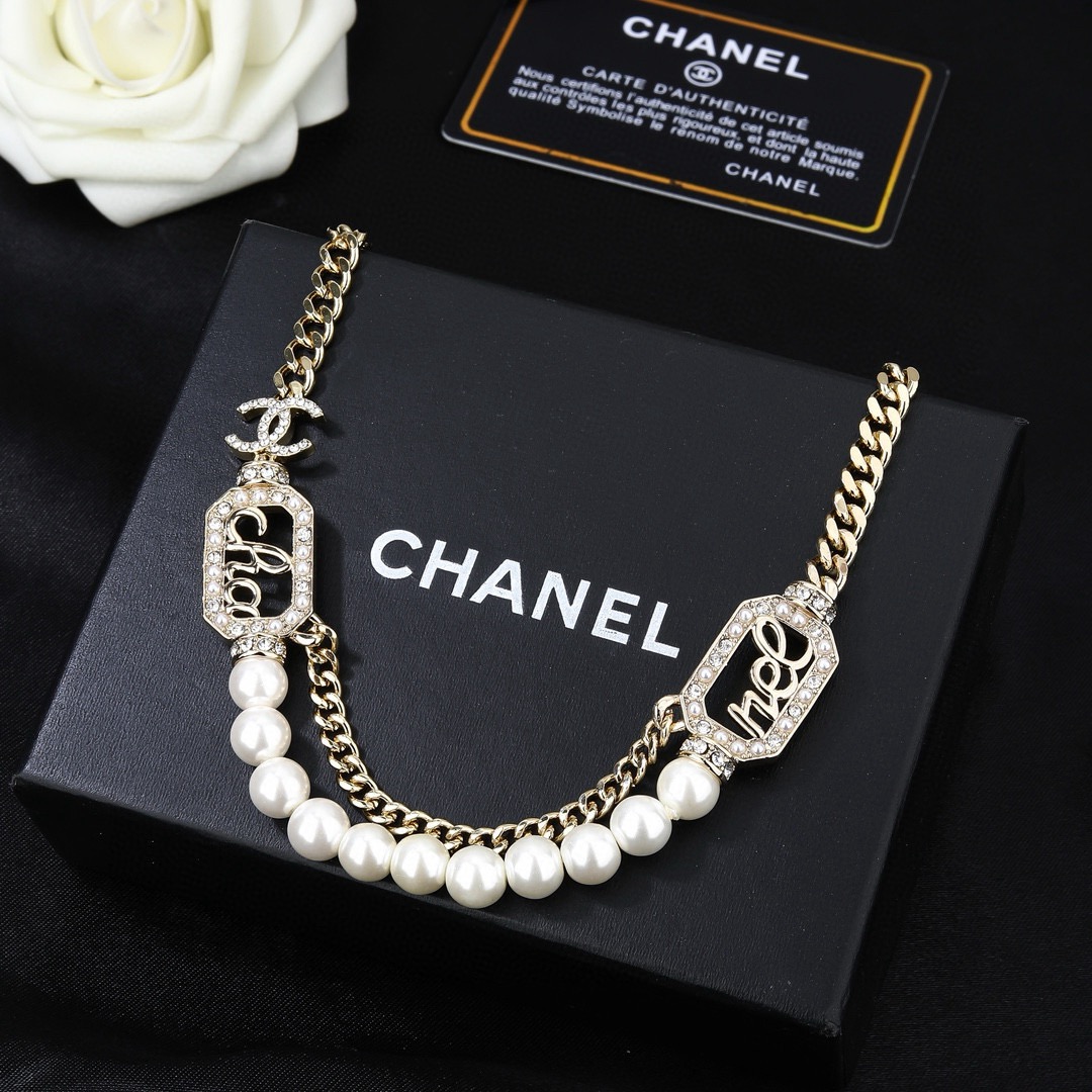 CHANEL原單女士雙層項鍊 金色粗鏈珍珠字母吊牌個性鎖骨鏈