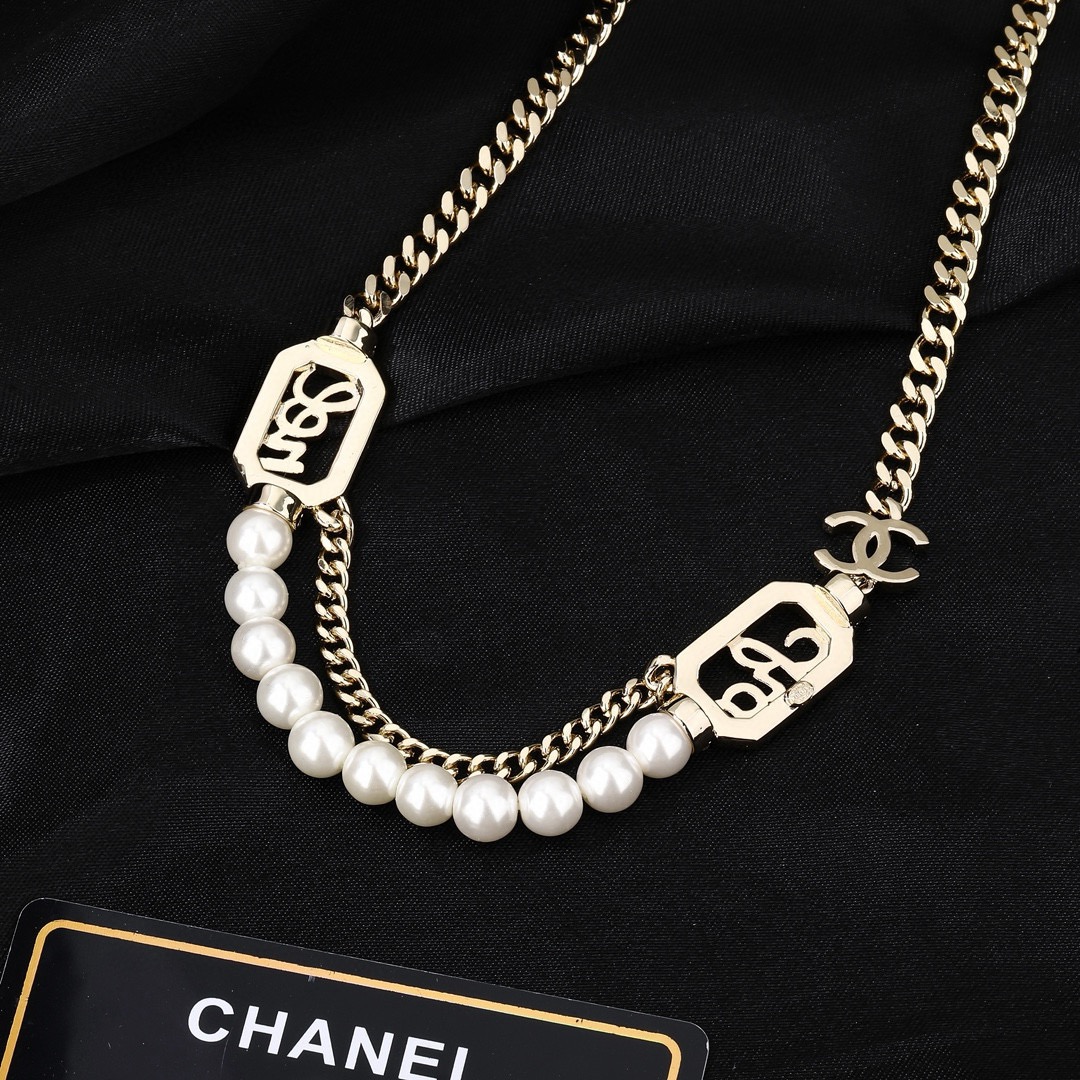 CHANEL原單女士雙層項鍊 金色粗鏈珍珠字母吊牌個性鎖骨鏈