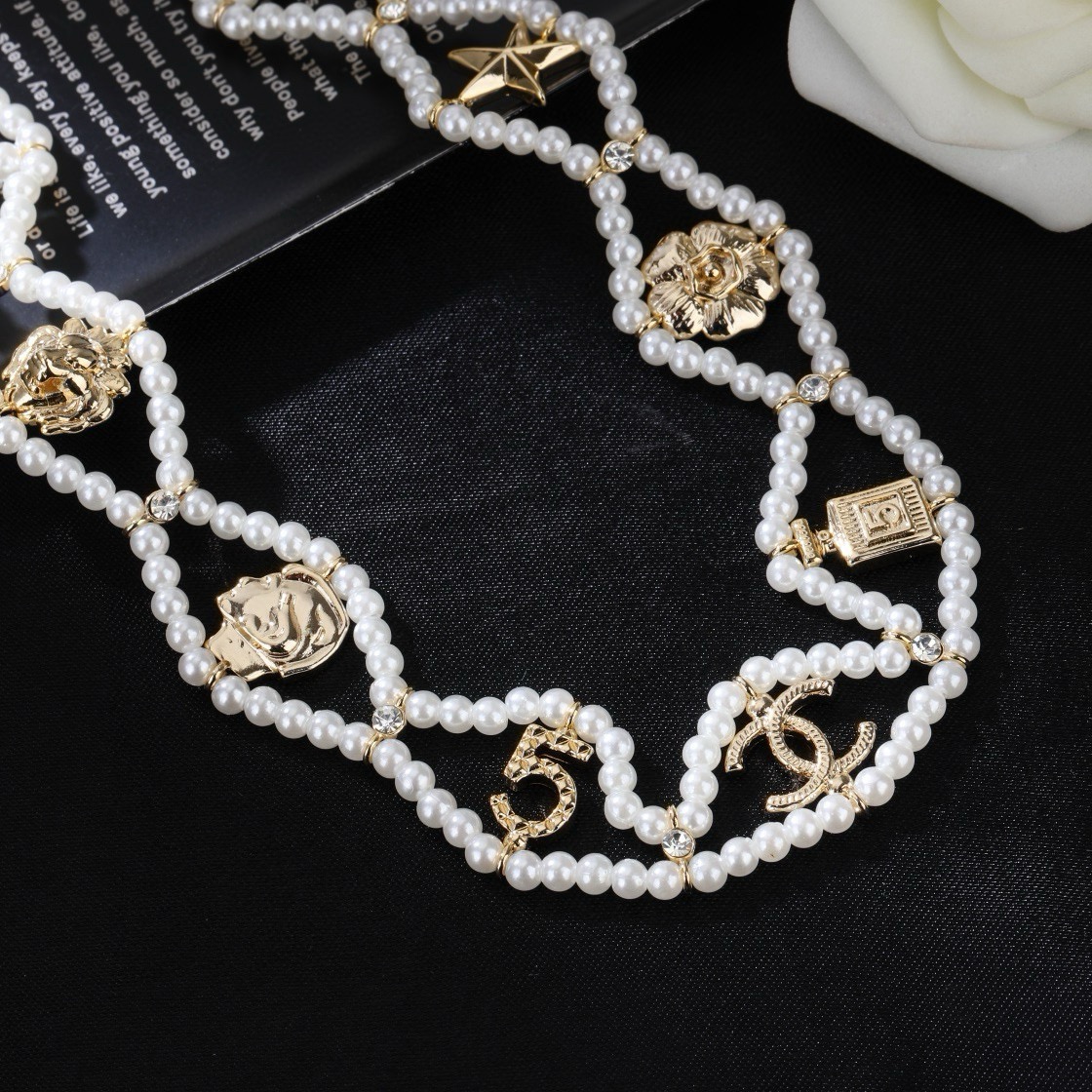 CHANEL復刻女士珍珠鏤空項鍊 金色多元素雙C花朵復古頸鏈| 11 CHANEL復刻女士珍珠鏤空項鍊 金色多元素雙C花朵復古頸鏈