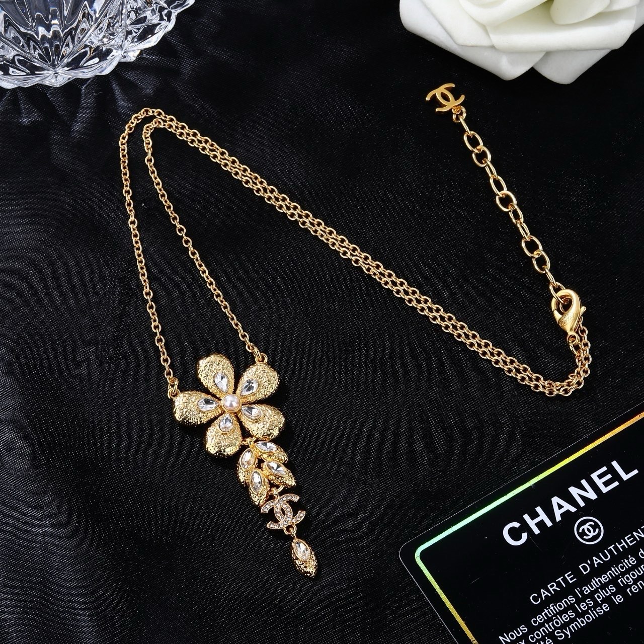 CHANEL高仿女士山茶花項鍊 金色鑲鑽珍珠雙C流蘇氣質鎖骨鏈| 7 CHANEL高仿女士山茶花項鍊 金色鑲鑽珍珠雙C流蘇氣質鎖骨鏈