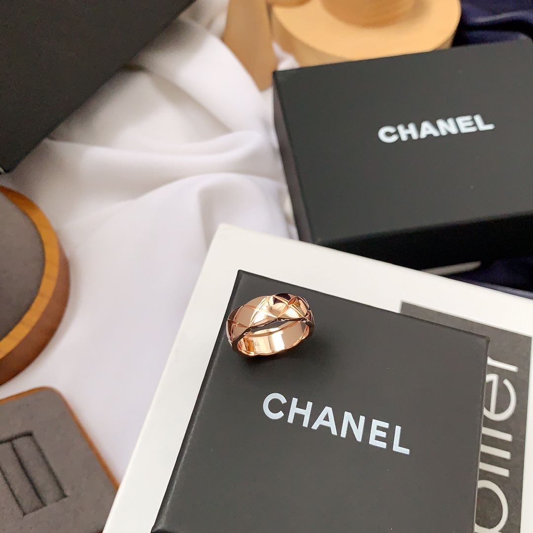 CHANEL一比一女士菱格寬版戒指 玫瑰金色立體切面時尚指環