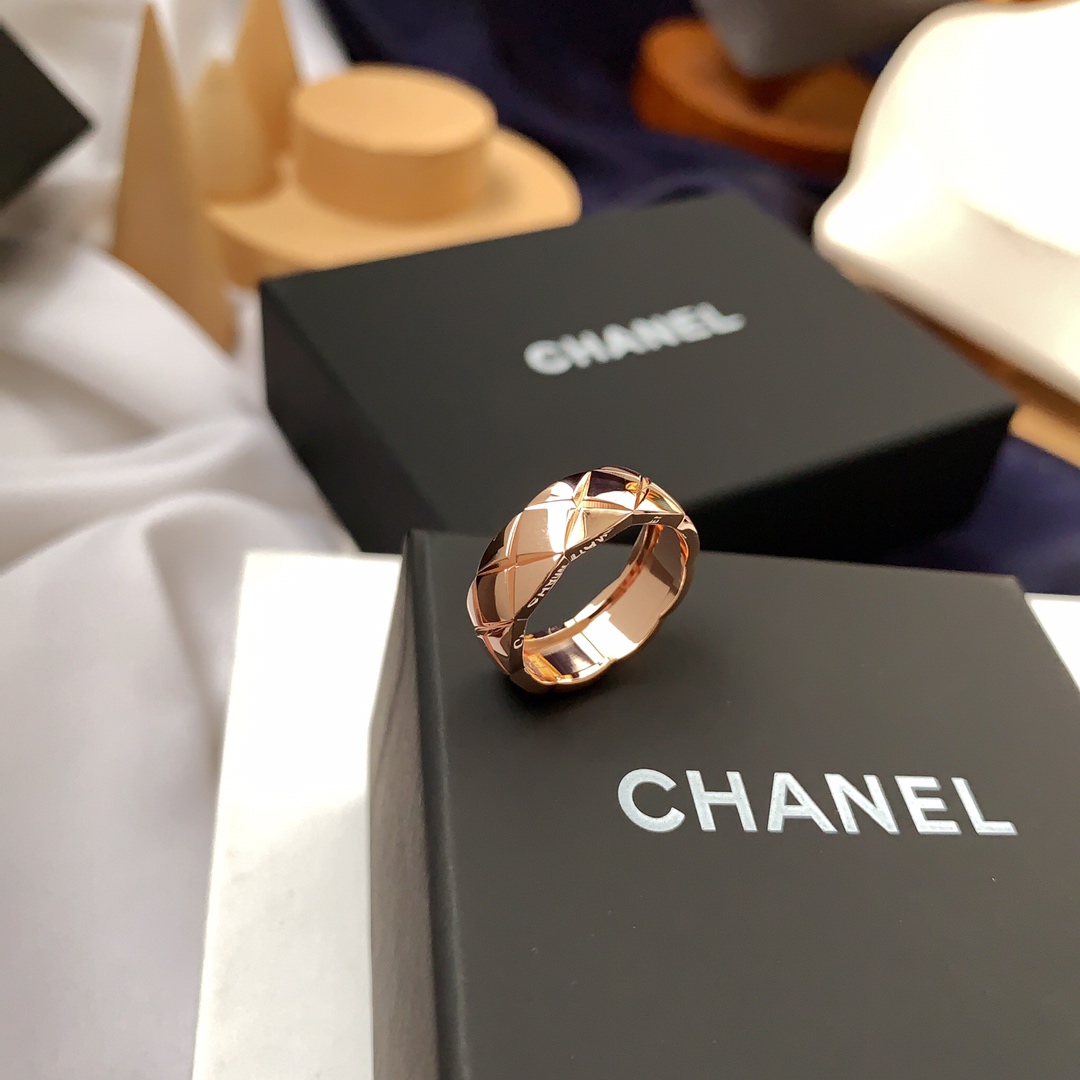 CHANEL一比一女士菱格寬版戒指 玫瑰金色立體切面時尚指環