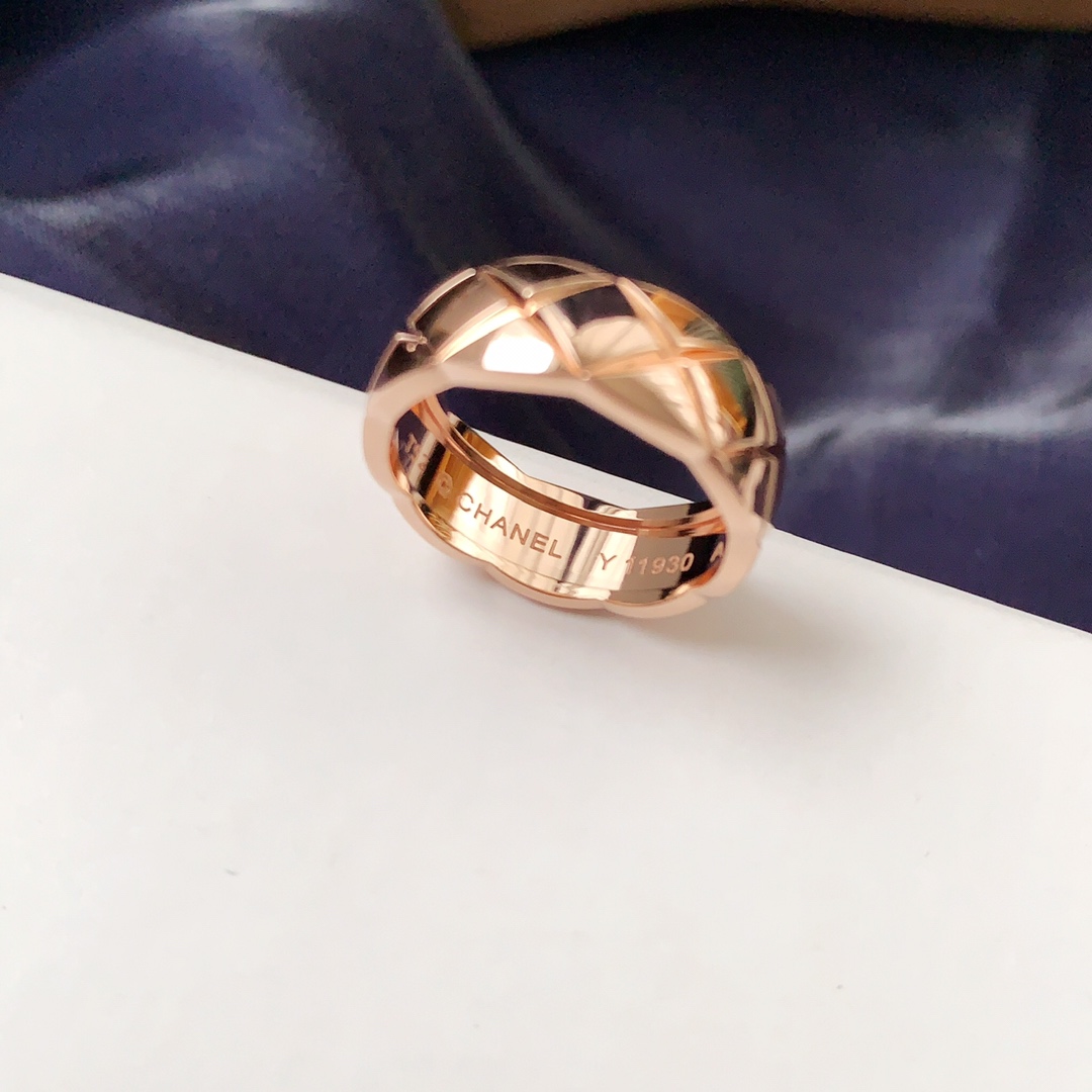 CHANEL一比一女士菱格寬版戒指 玫瑰金色立體切面時尚指環