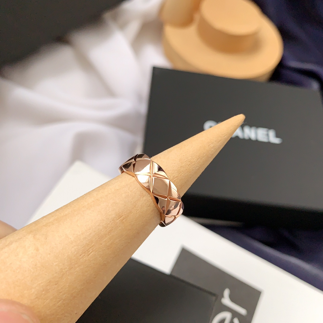 CHANEL一比一女士菱格寬版戒指 玫瑰金色立體切面時尚指環