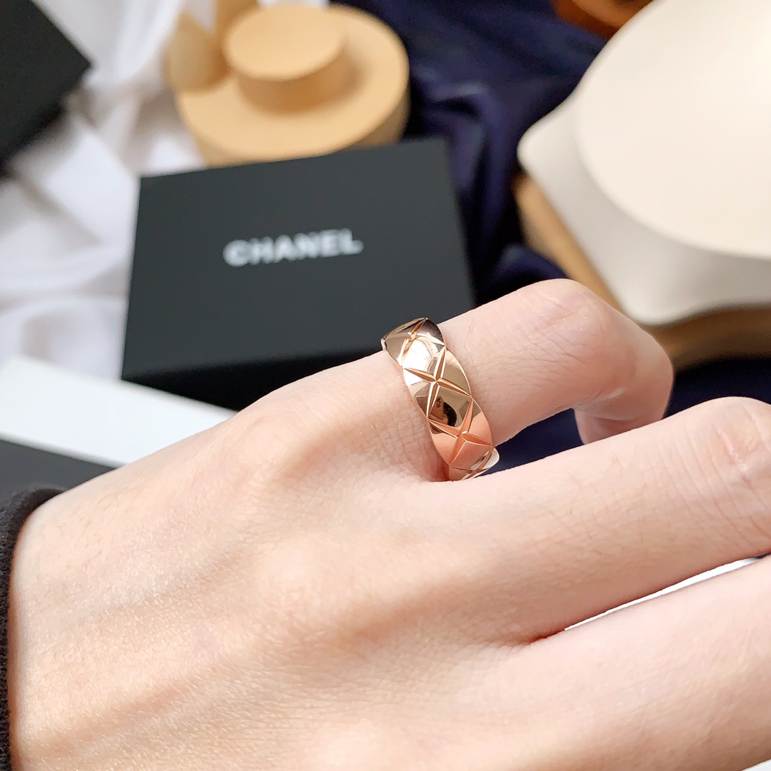 CHANEL一比一女士菱格寬版戒指 玫瑰金色立體切面時尚指環