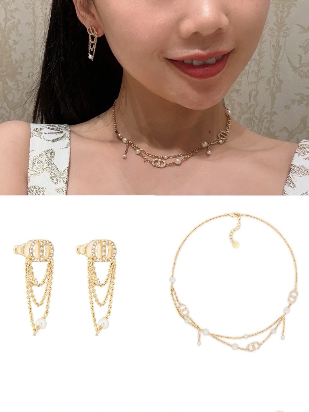 DIOR原單女士金色CD珍珠多層項鍊雙鏈垂墜設計華麗氣質款| 8 DIOR原單女士金色CD珍珠多層項鍊雙鏈垂墜設計華麗氣質款