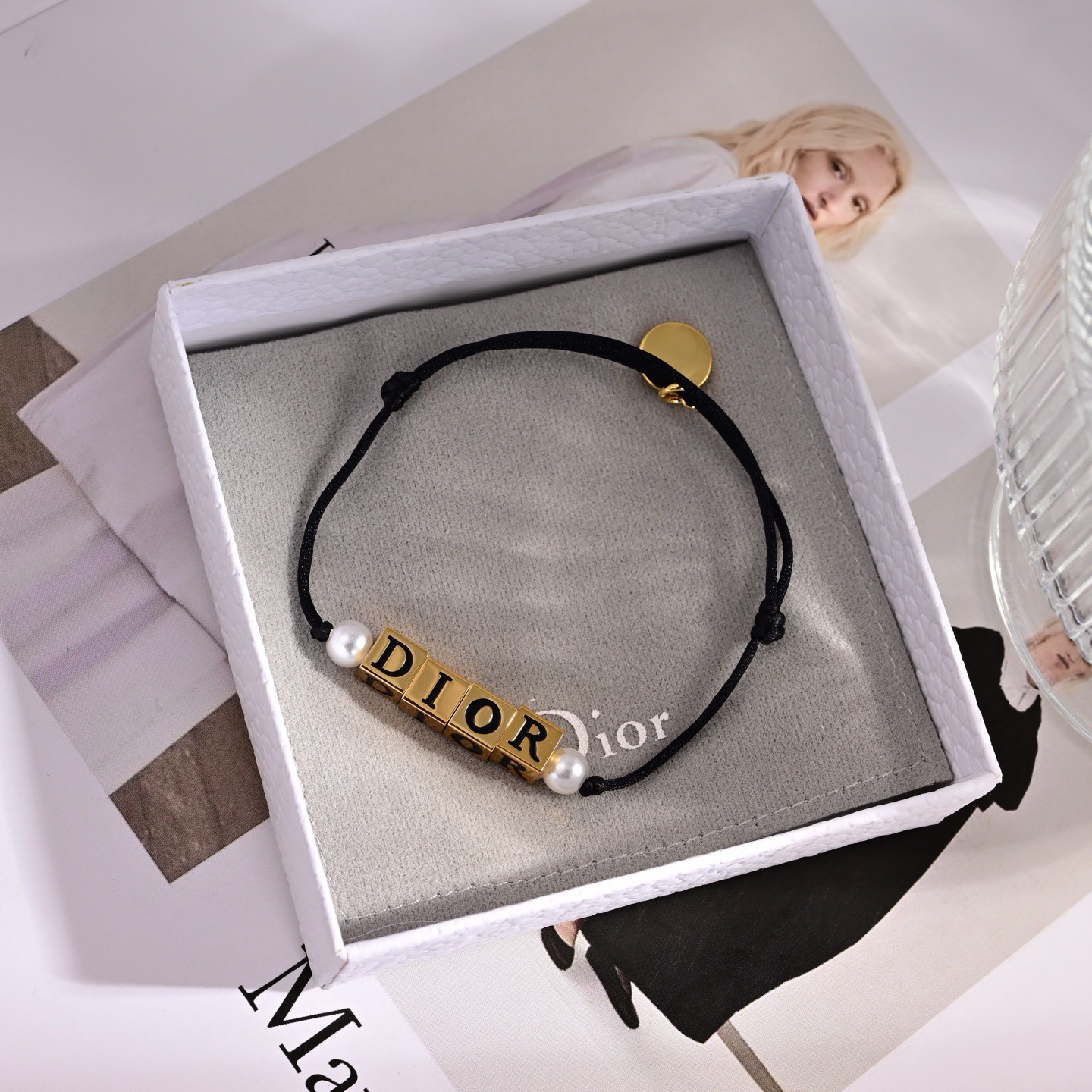 DIOR A貨女士金色字母珍珠黑繩手鍊可調節簡約休閒百搭款