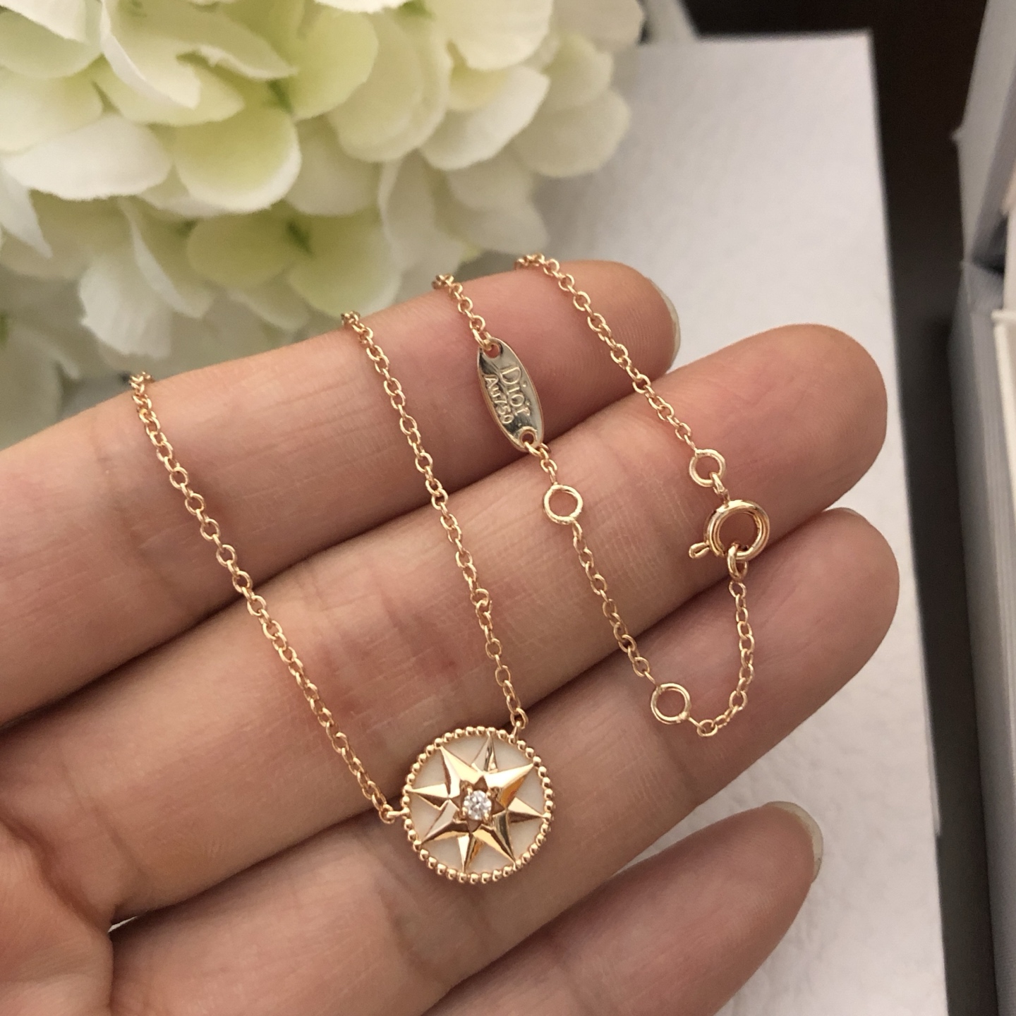 DIOR原單女士羅盤星芒項鍊玫瑰金圓形水鑽吊墜精緻鎖骨鏈