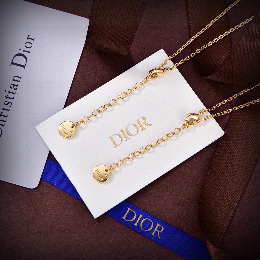 DIOR A貨女士金色CD項鍊黑色圓珠吊墜鎖骨鏈簡約復古百搭款