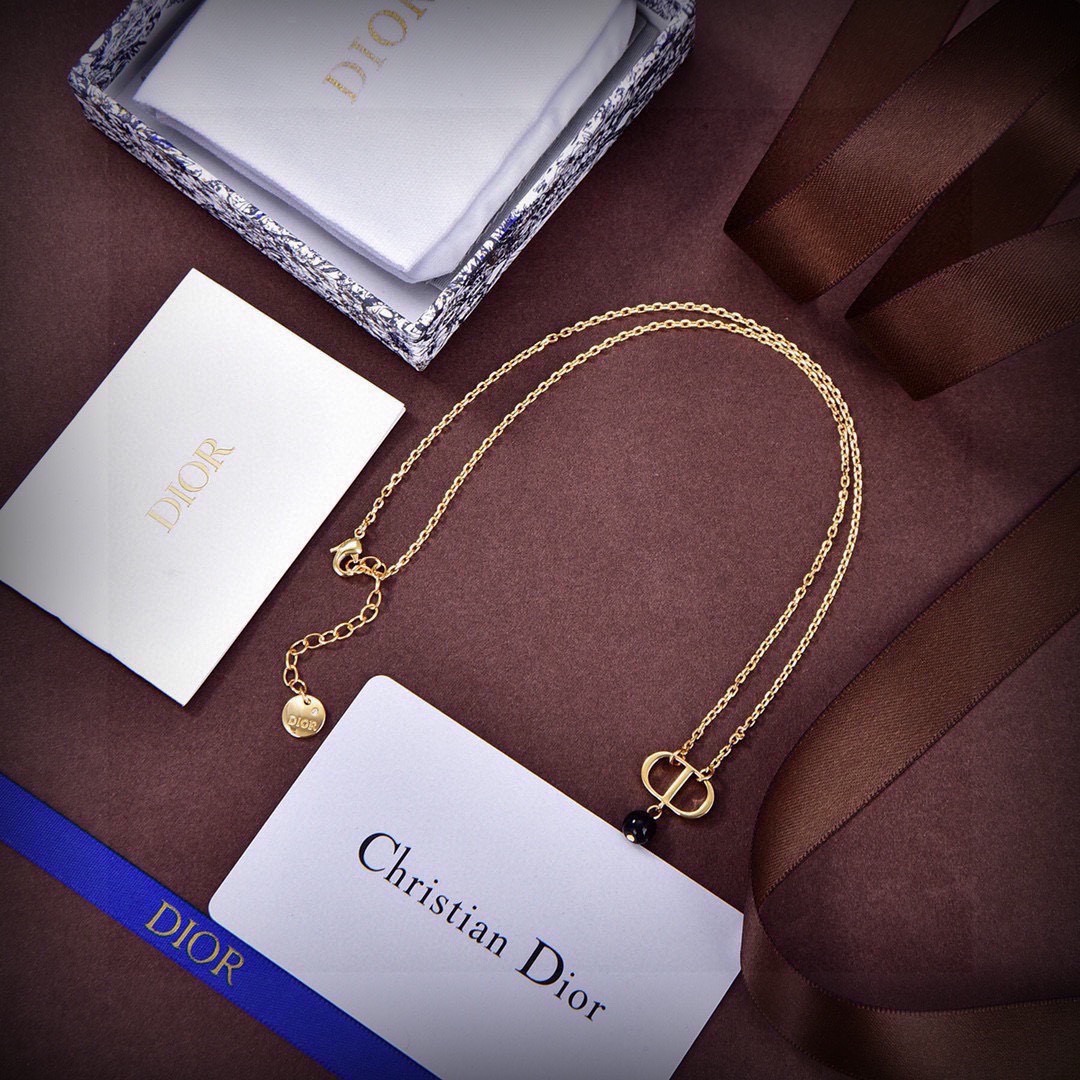 DIOR A貨女士金色CD項鍊黑色圓珠吊墜鎖骨鏈簡約復古百搭款