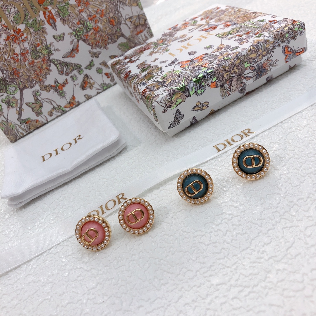 DIOR高仿女士珍珠CD耳釘金色圓形粉色藍綠色琺瑯復古耳環