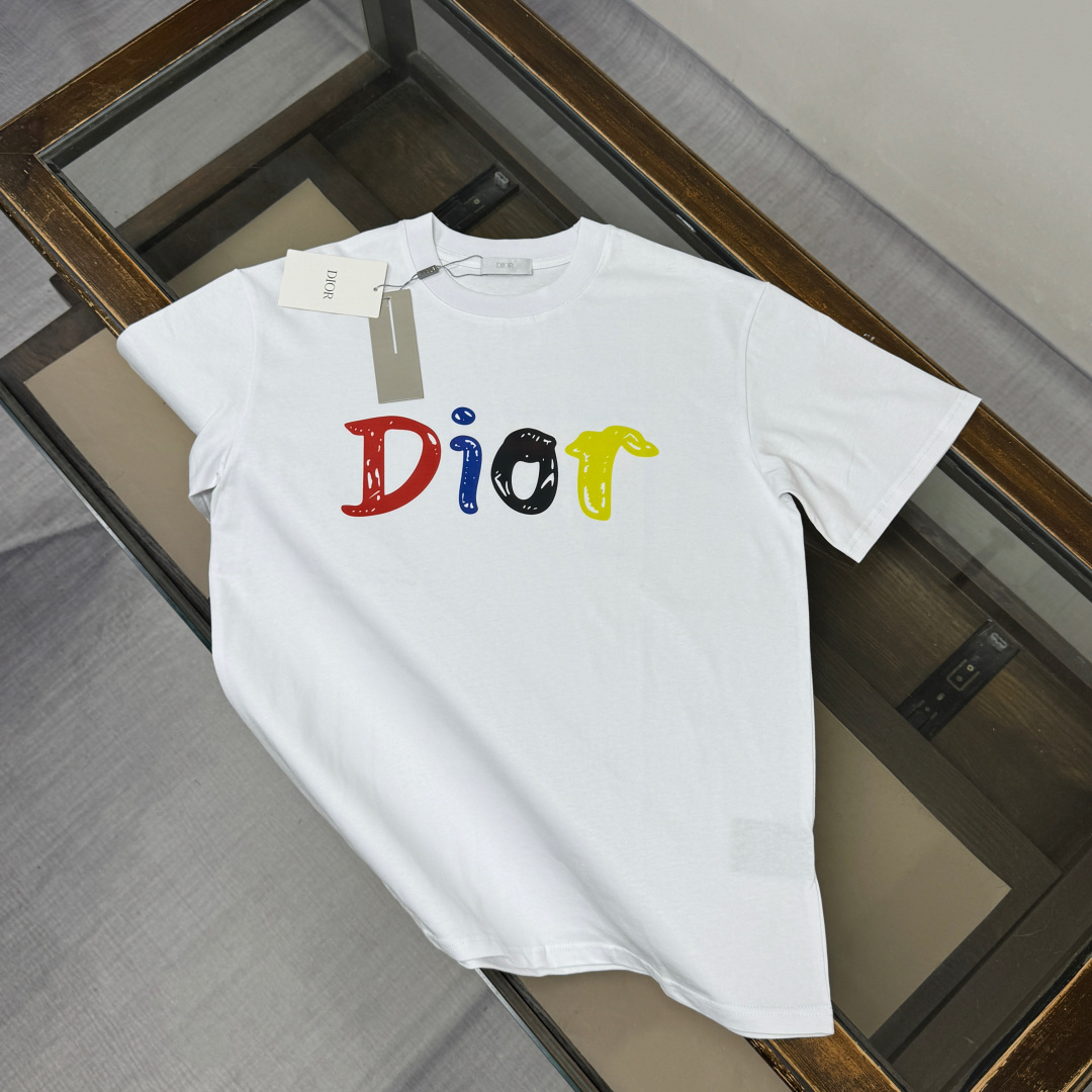 原單Dior迪奧短袖T恤 白色彩色字母Logo印花圓領男款上衣