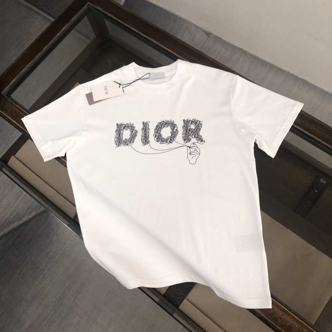 原單Dior迪奧短袖T恤 白色手繪字母Logo線條印花男款上衣