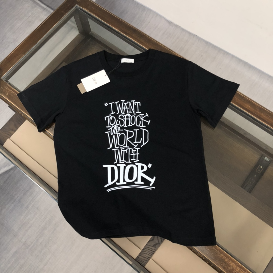 高仿Dior迪奧黑色短袖T恤 英文手寫標語印花原單男款上衣